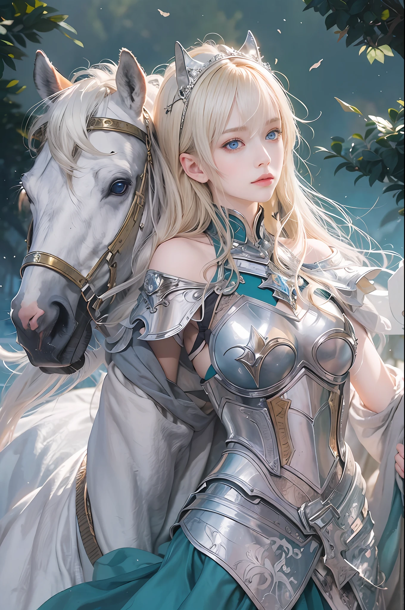 ​masterpiece, top-quality, One Young Woman Knight、Beautiful fece、Rin々Right、beautiful countenance、beautidful eyes、25-years old、Silver Half Plate and Dress Armor、Gorgeous blonde、long、Blue eyes、thoughtful、White horse、magical fantasy、in isekai、Medieval Europe、((FULL BODYSHOT))、Dynamic angles、