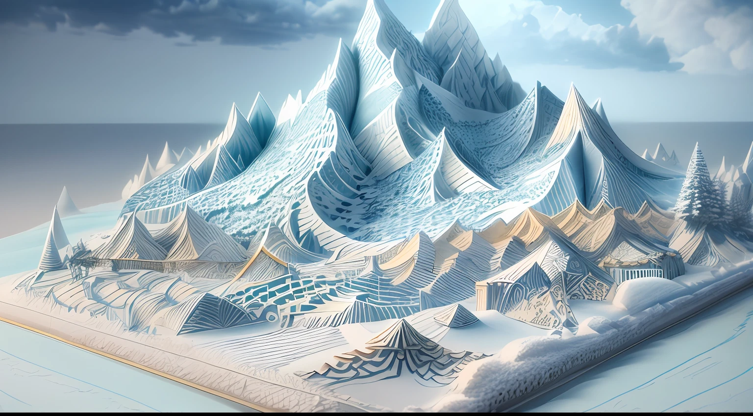 in the winter，with blue sky and white clouds，snow mountains，glacier，White background，paper art，a 3D render，extremely detaile,  (zentangle:1.2), (geomerty:1.2)，Cinematic lighting effects，4K，Masterpiece，offcial art