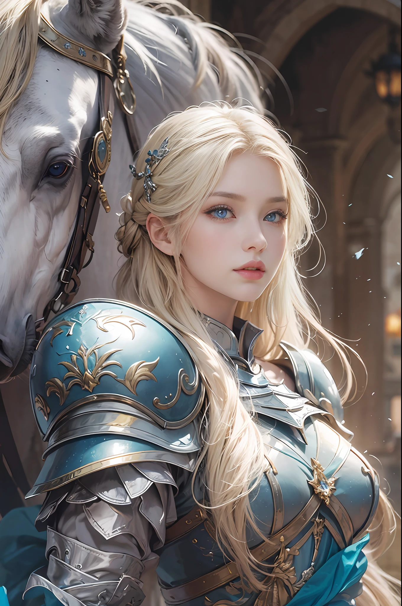 masterpiece, top-quality, One Young Woman Knight、Beautiful fece、Rin々Right、beautiful countenance、beautidful eyes、25-years old、Silver Half Plate and Dress Armor、Gorgeous blonde、long、Blue eyes、thoughtful、White horse、magical fantasy、in isekai、Medieval Europe、((FULL BODYSHOT))、Dynamic angles、