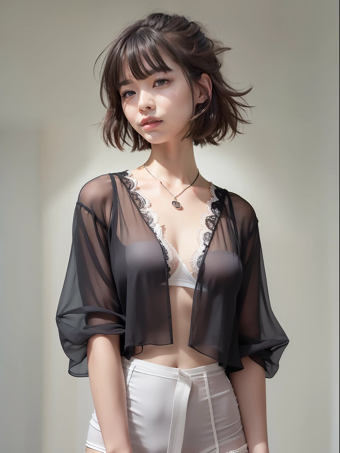 (The 8k quality, top-quality, a masterpiece of:1.2), (realisitic, Photorealsitic:1.37), ultra-detailliert, small tits、Skinny face、Mature look、de pele branca、See-through blouse、Light makeup、Narrow slit eyes、Small eyes、Small, Narrow eyes、30-years old,独奏,Nasal blush、A smile、a closed mouth、tiny chest、Delicate body、Black eyes、1 heavy eyelid、poneyTail、A dark-haired 、short cut hair、fullllbody、Skinny Legs、Manteau blanc、see -through、Black bra shows through、Black bra、White blouse