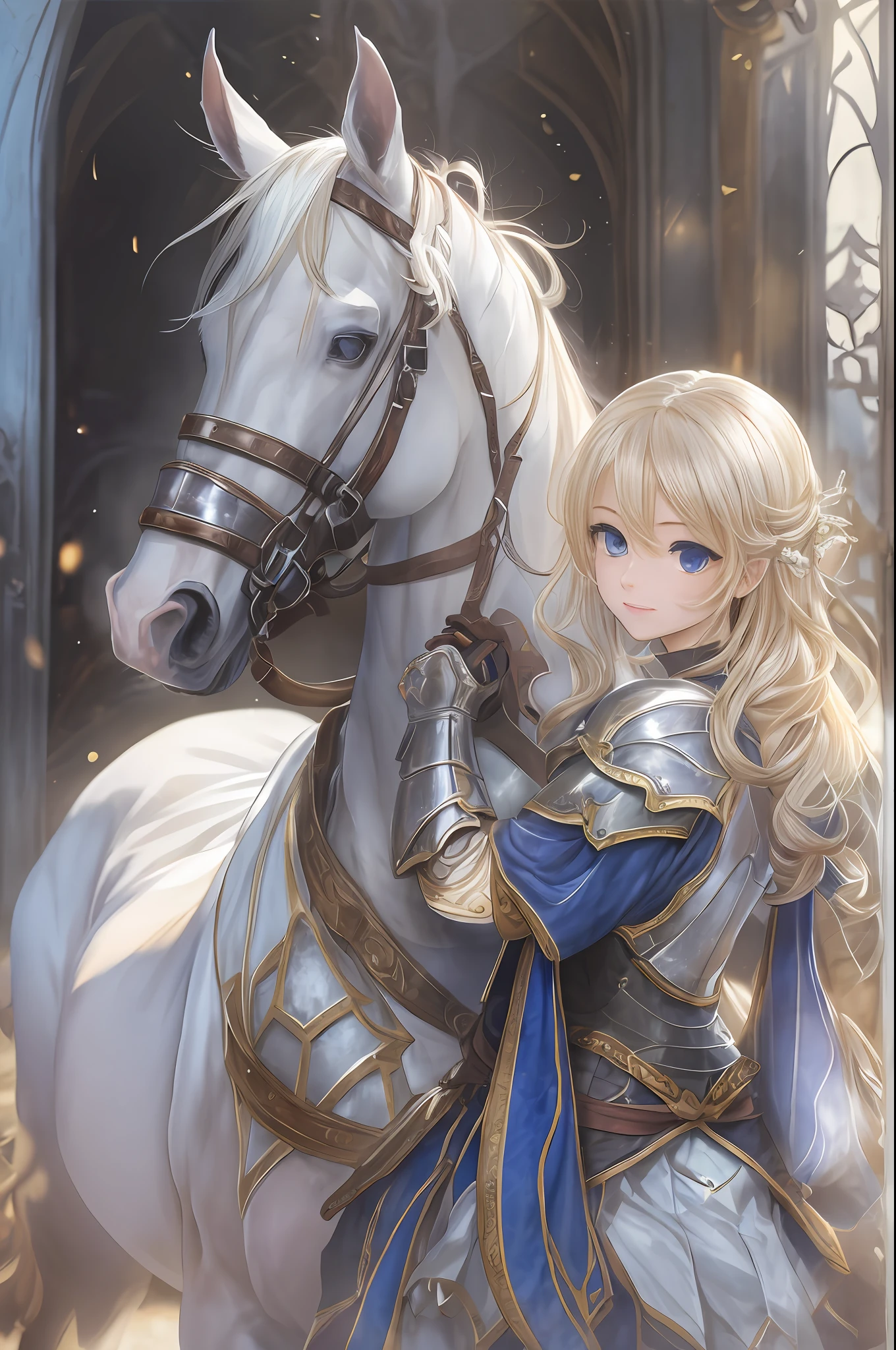 ​masterpiece, top-quality, One Young Woman Knight、Beautiful fece、Rin々Right、beautiful countenance、beautidful eyes、25-years old、Silver Half Plate and Dress Armor、Gorgeous blonde、long、Blue eyes、thoughtful、White horse、magical fantasy、in isekai、Medieval Europe、((FULL BODYSHOT))、Dynamic angles、