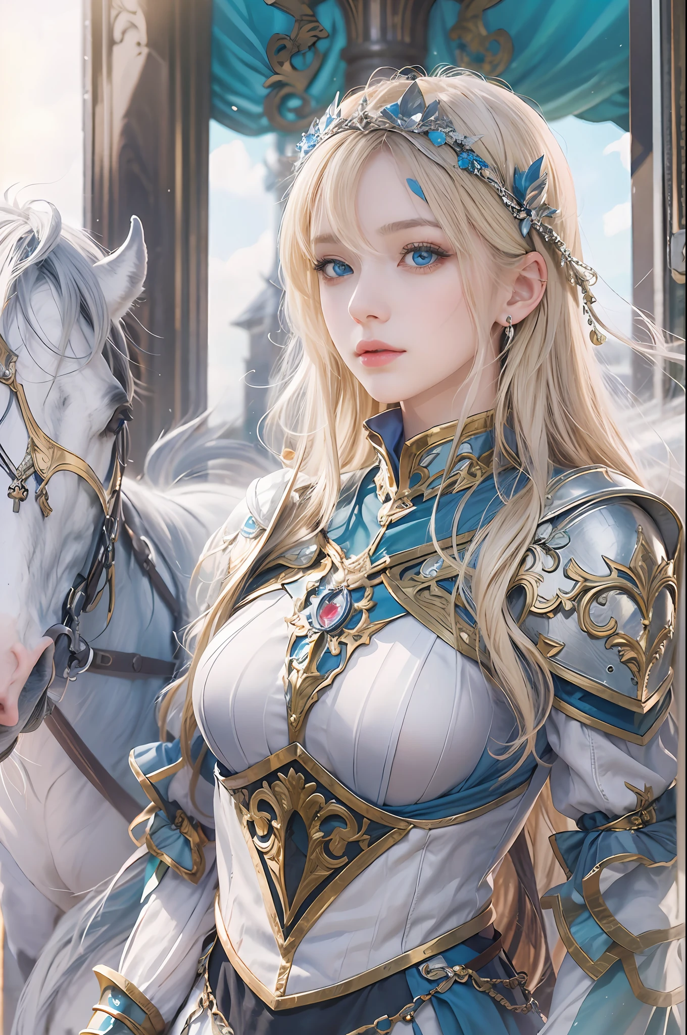 ​masterpiece, top-quality, One Young Woman Knight、Beautiful fece、Rin々Right、beautiful countenance、beautidful eyes、25-years old、Silver Half Plate and Dress Armor、Gorgeous blonde、long、Blue eyes、thoughtful、White horse、magical fantasy、in isekai、Medieval Europe、((FULL BODYSHOT))、Dynamic angles、