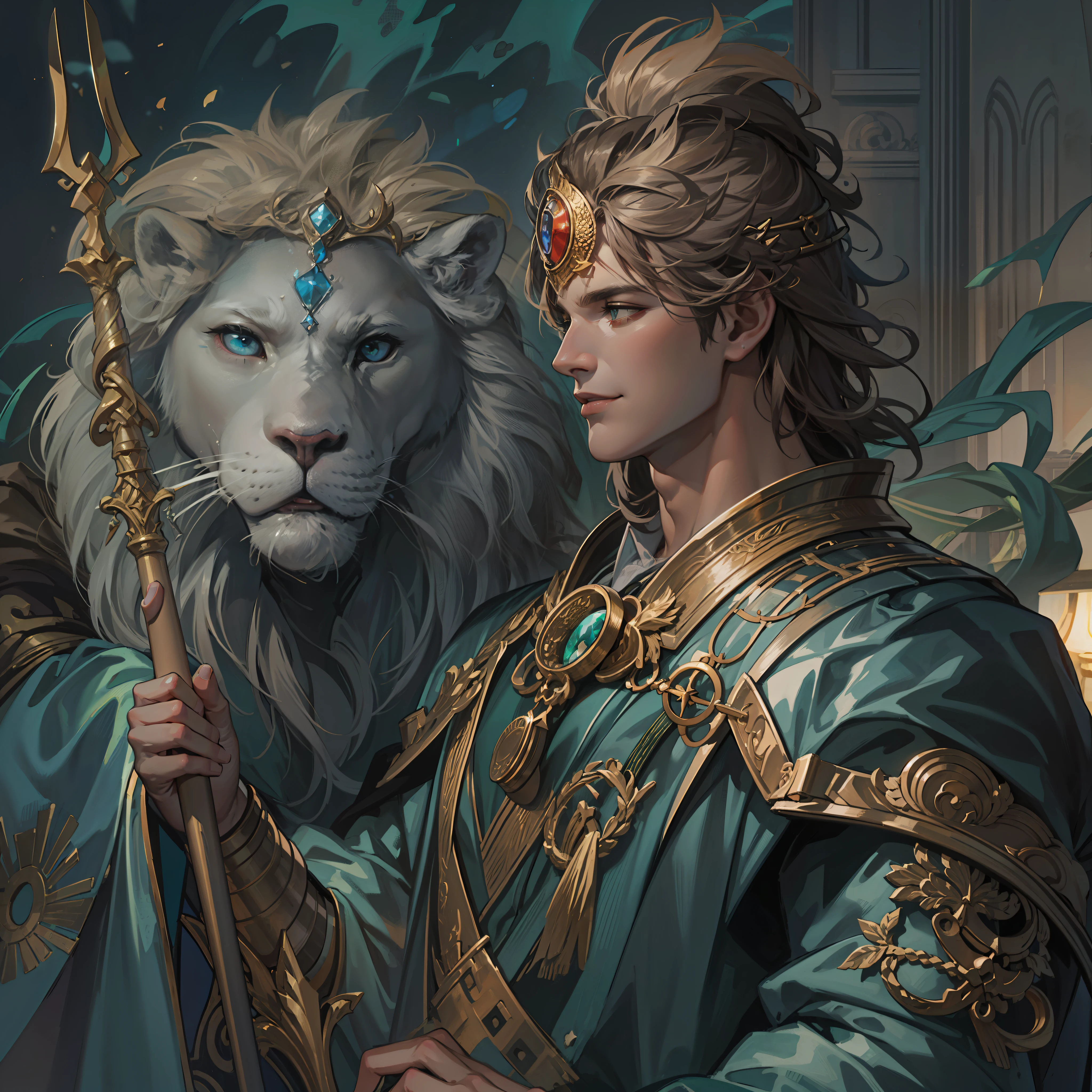 ​masterpiece、top-quality、ultra-detailliert、hight resolution、Reincarnation of Roman Emperor Constantine the Great、１Men of men、Independent youth、Holding a holy spear that emits purple light。Successor of world-class weapons and military enterprises、fluffy hair、bright and sharp eyes, with a lion、Smiling mouth、tall stature、Strong body、Graceful attitude、Sincere and kind、mild-mannered attitude, however、Ruthless if necessary。Resolute attitude、danger、Wearing a formal suit、Israel、 Night view of Jerusalem、