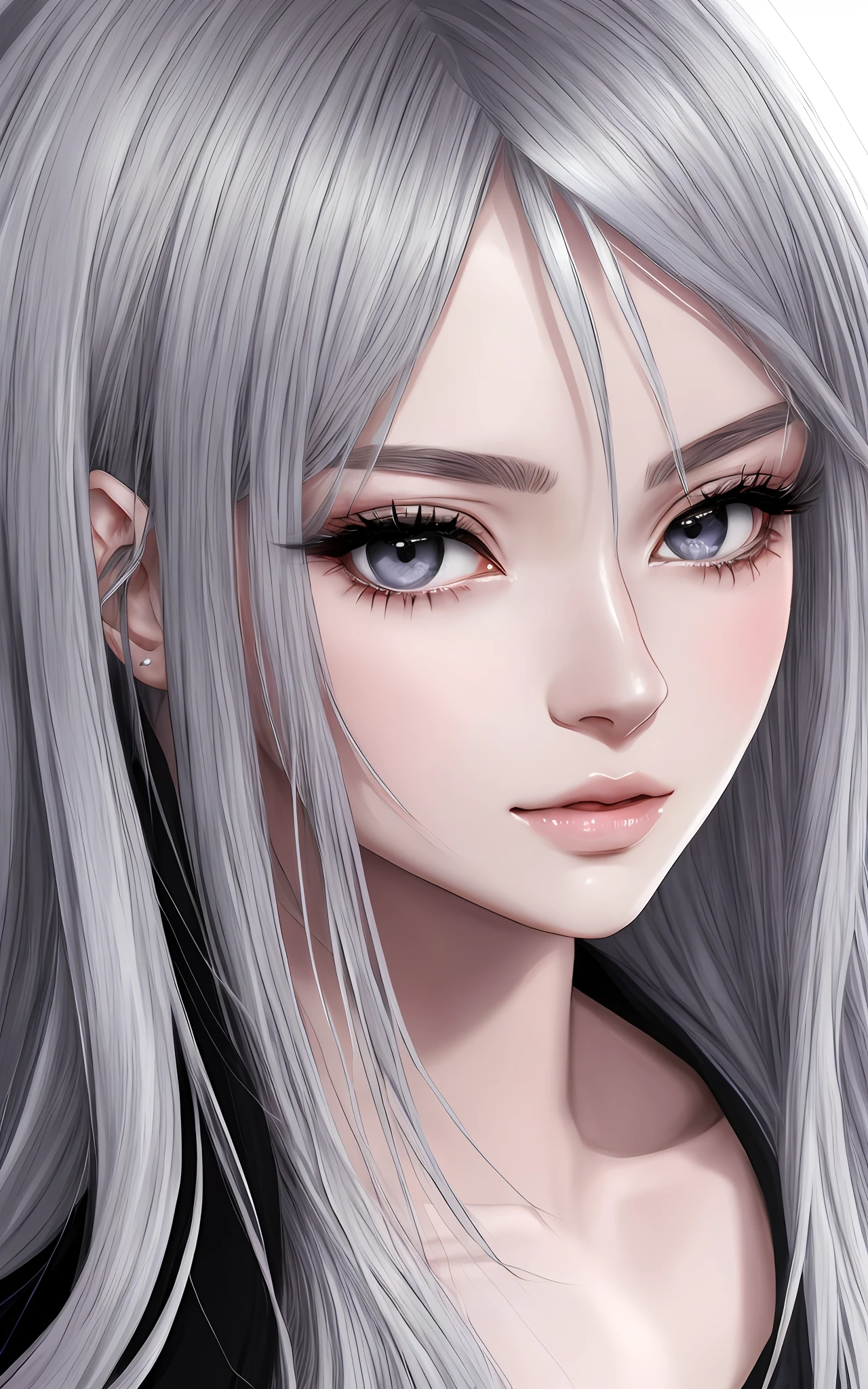 anime styled、Beautiful woman like a fashion model、a closeup、portlate、Beautiful, Moisturized black eyes、Beautiful silver hair without hair ornaments, hight resolution, top-quality, masterpiece, 8k wallpaper、 One Person、