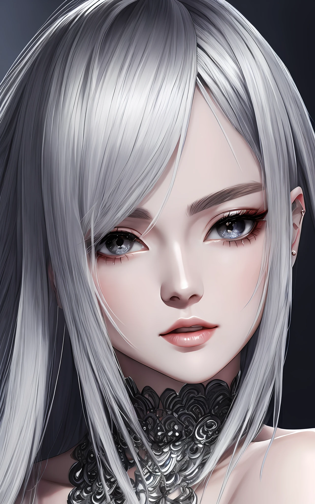 anime styled、Beautiful woman like a fashion model、a closeup、portlate、Beautiful, Moisturized black eyes、Beautiful silver hair without hair ornaments, hight resolution,　top-quality, ​masterpiece, 8k wallpaper、 One Person、