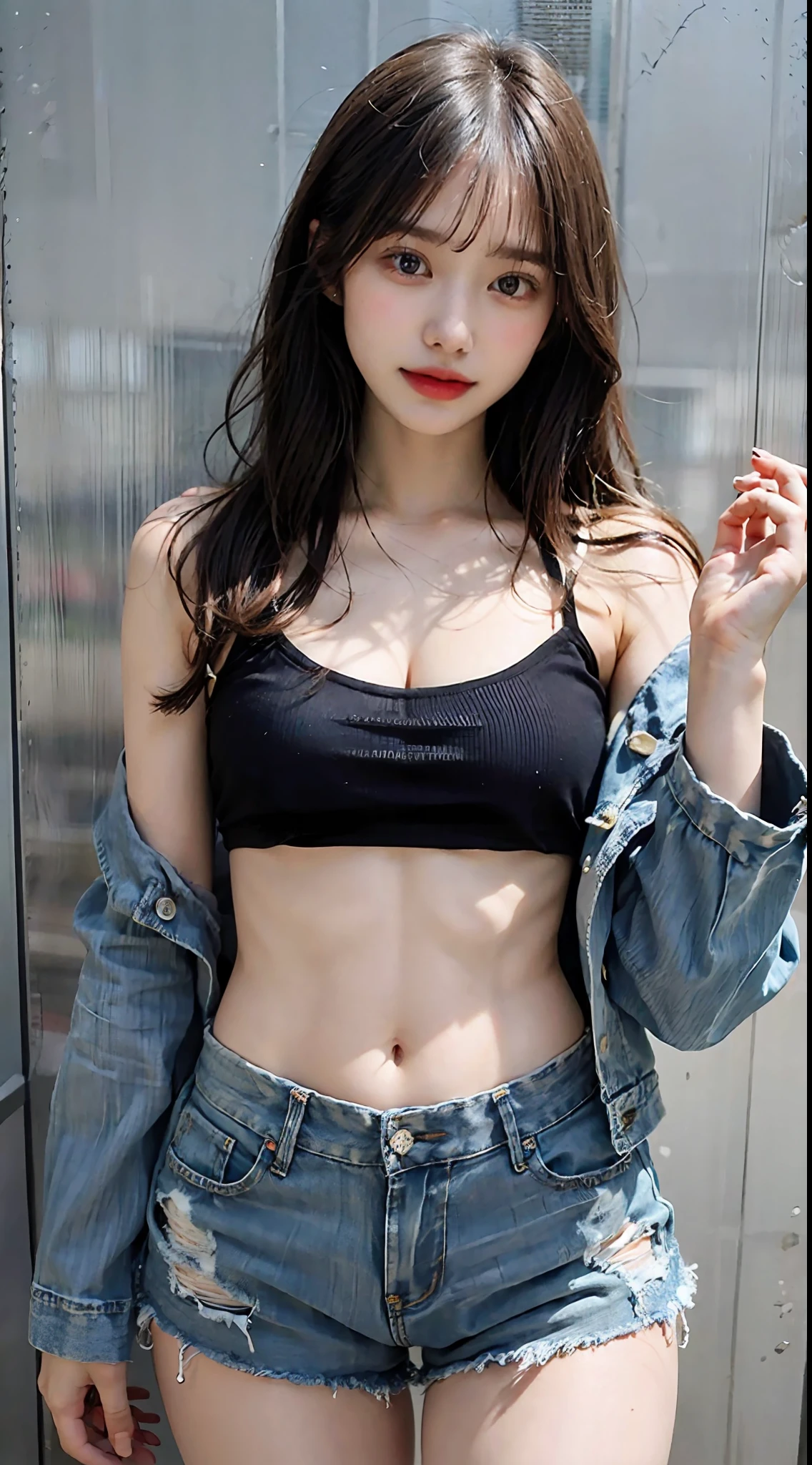 Girl in thin low cut camisole and tight denim shorts posing for photo、full bodyesbian、cropped t-shirt、bra very、Slim body、a large bust、Slim girl model、24歳の女性モデル、Beautiful body　Facing the front　Navel out　Shabby denim shorts showing all of your lower abdomen　Badly torn denim shorts　Too torn denim shorts