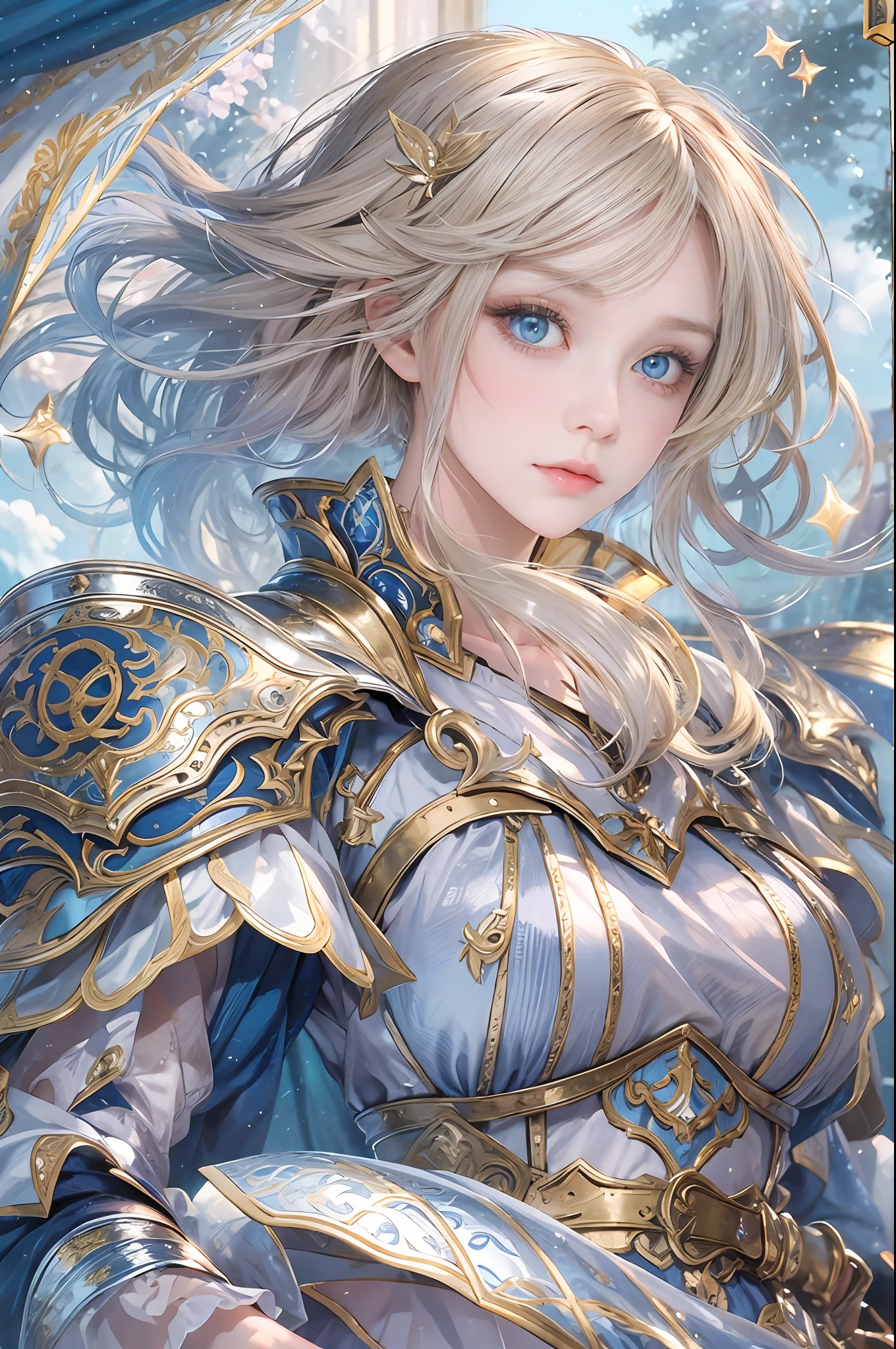 masterpiece, top-quality, One Young Woman Knight、Beautiful fece、Rin々Right、beautiful countenance、beautidful eyes、25-years old、Silver Half Plate and Dress Armor、Gorgeous blonde、long、Blue eyes、thoughtful、Hakuba、magical fantasy、in isekai、Medieval Europe、FULL BODYSHOT、Dynamic angles、