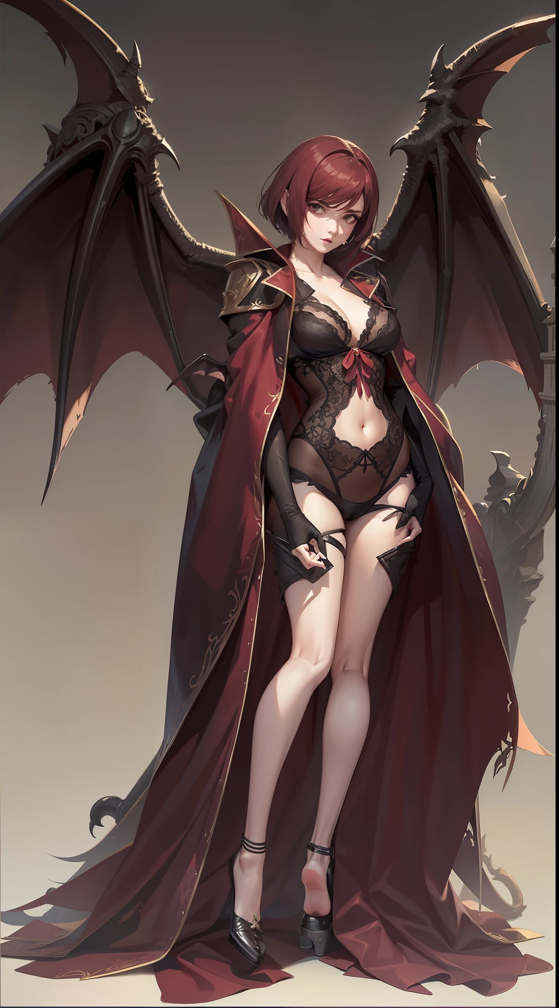 1 , succubus, castlevania, (((cabelo curto))), (((short hair)))), cabelo vermelho, ruiva, asas de morcego, asas grandes, big bat wings castlevania, 30 anos, espartilho preto, look of malice, olhar SENSUAL, corpo exposto, mostrando corpo, de costas, lingerie sensual, dinamic angle, (((from behind))), 30 anos