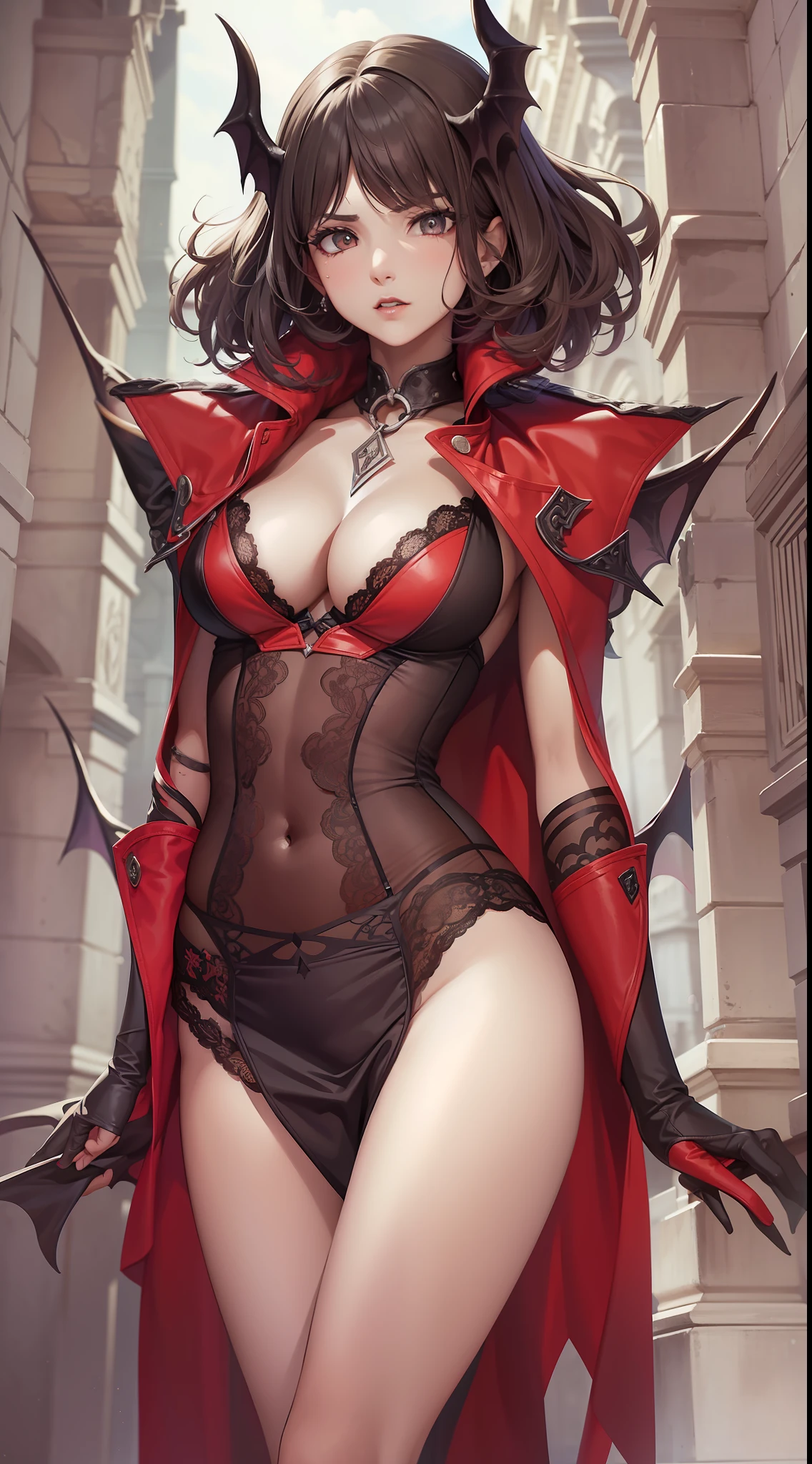 1 , succubus, castlevania, (((cabelo curto))), (((short hair)))), cabelo vermelho, ruiva, asas de morcego, asas grandes, big bat wings castlevania, 30 anos, espartilho preto, look of malice, olhar SENSUAL, corpo exposto, mostrando corpo, de costas, lingerie sensual, dinamic angle, (((from behind))), 30 anos