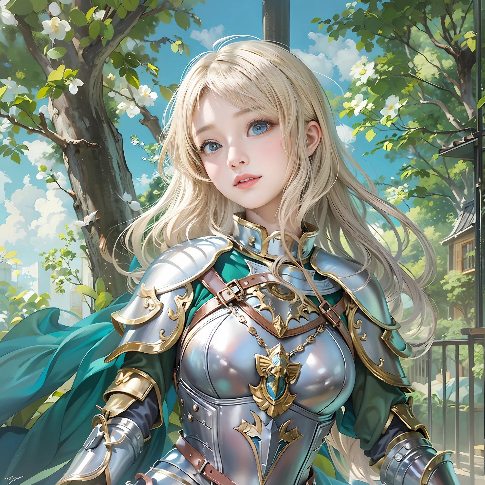 masterpiece, top-quality, One Young Woman Knight、Beautiful fece、Rin々Right、beautiful countenance、beautidful eyes、25-years old、Silver Half Plate and Dress Armor、Gorgeous blonde、long、Blue eyes、thoughtful、Hakuba、magical fantasy、in isekai、Medieval Europe、FULL BODYSHOT、Dynamic angles、