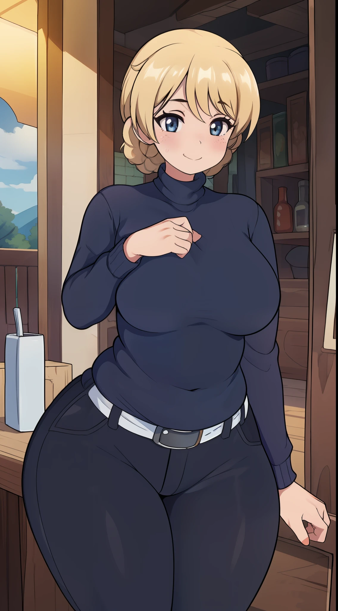 (((kipteitei art))), ((masterpiece)), (((best quality))), ((ultra-detailed)), (((illustration))), detailed face, ultra cute face, detailed body, ((1girl)), ((solo)), girls und panzer, Darjeeling, (dark blue turtle neck sweater), black pants, belt, (tight pants), medium breasts, (pudgy), (wide hips), (((thick thighs))), (cafe), on date with viewer, looking at viewer, cowboy shot, cute pose, blush, soft smile, flirting, happy, cloudy day,