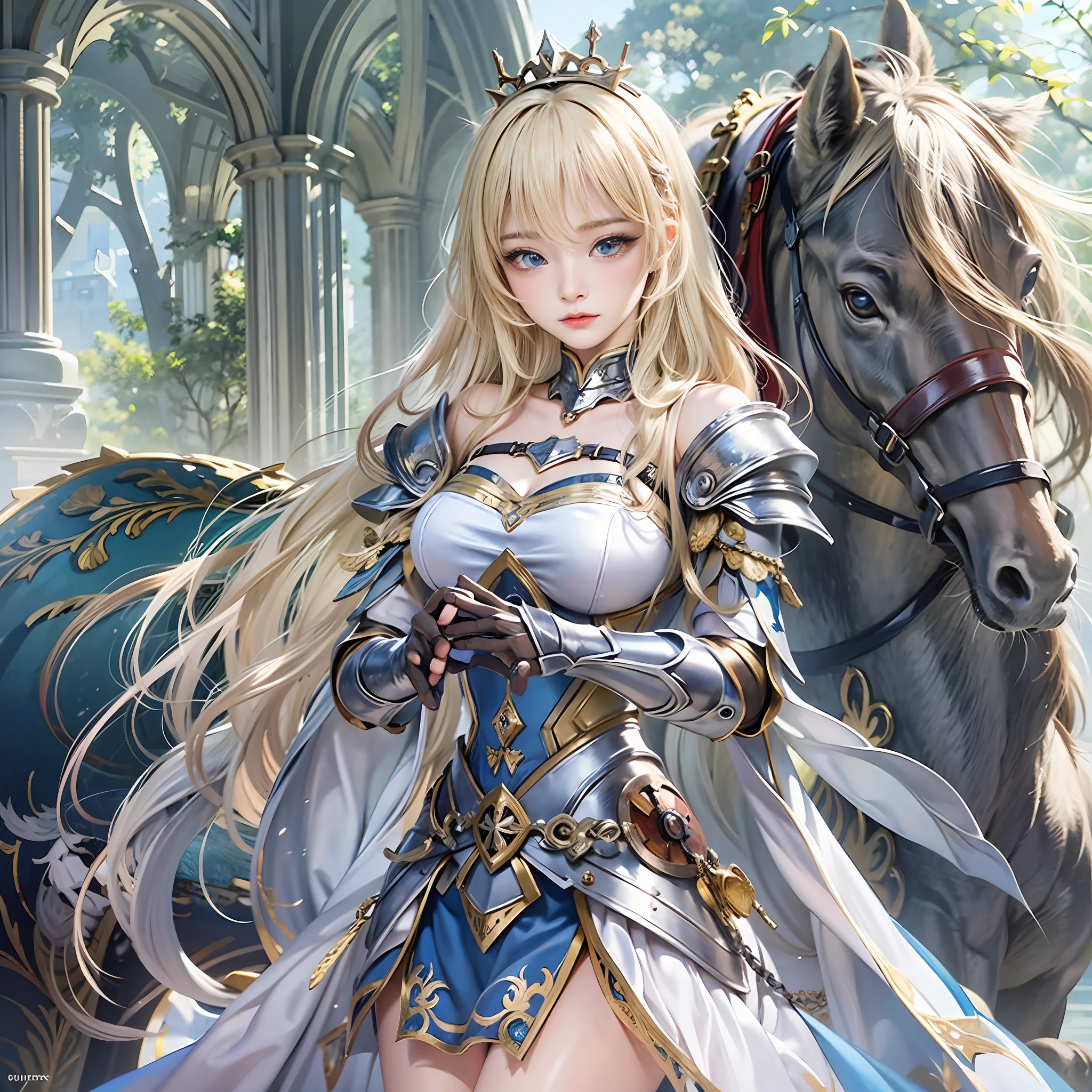 masterpiece, top-quality, One Young Woman Knight、Beautiful fece、Rin々Right、beautiful countenance、beautidful eyes、25-years old、Silver Half Plate and Dress Armor、Gorgeous blonde、long、Blue eyes、thoughtful、Hakuba、magical fantasy、in isekai、Medieval Europe、FULL BODYSHOT、Dynamic angles、