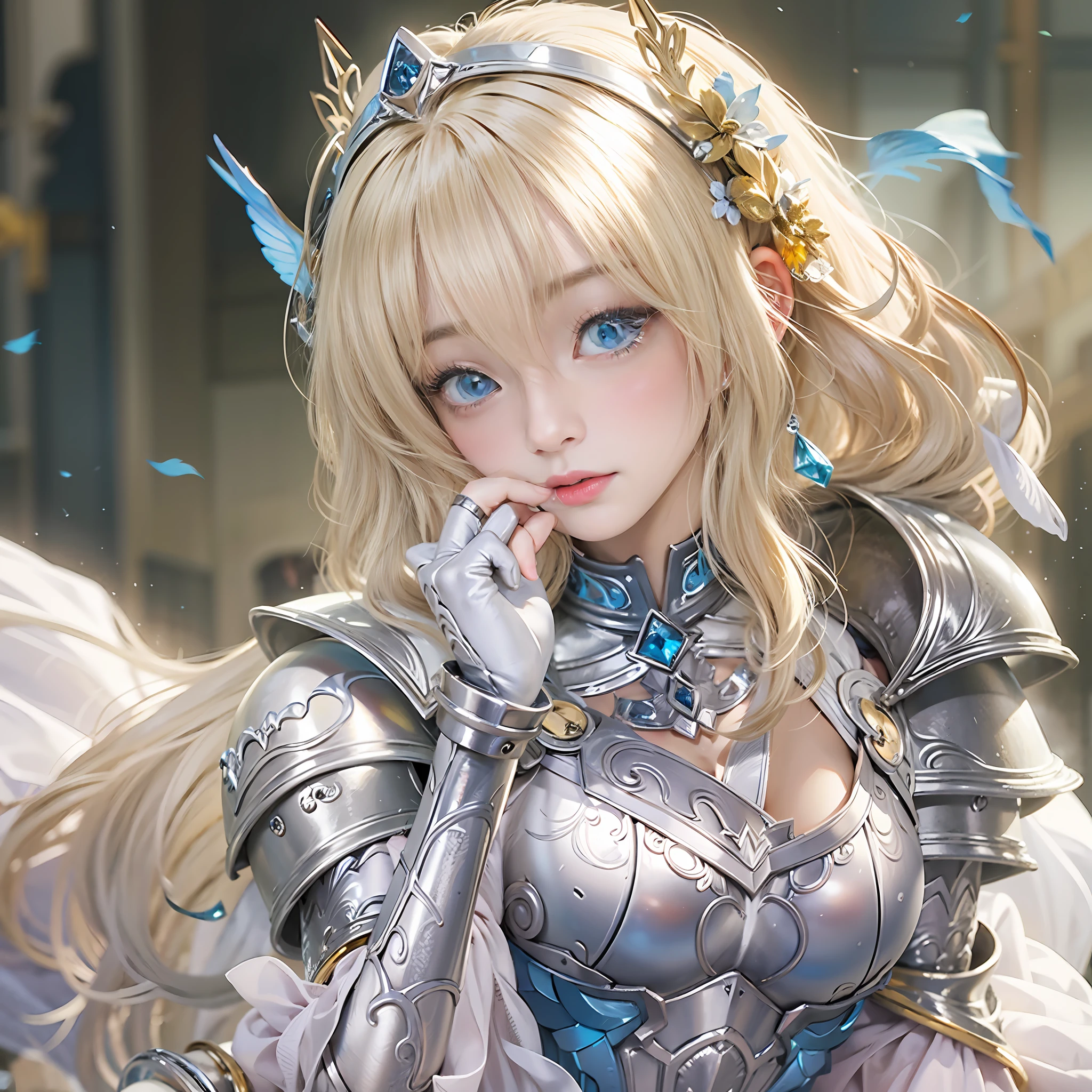 masterpiece, top-quality, One Young Woman Knight、Beautiful fece、Rin々Right、beautiful countenance、beautidful eyes、25-years old、Silver Half Plate and Dress Armor、Gorgeous blonde、long、Blue eyes、thoughtful、Hakuba、magical fantasy、in isekai、Medieval Europe、FULL BODYSHOT、Dynamic angles、