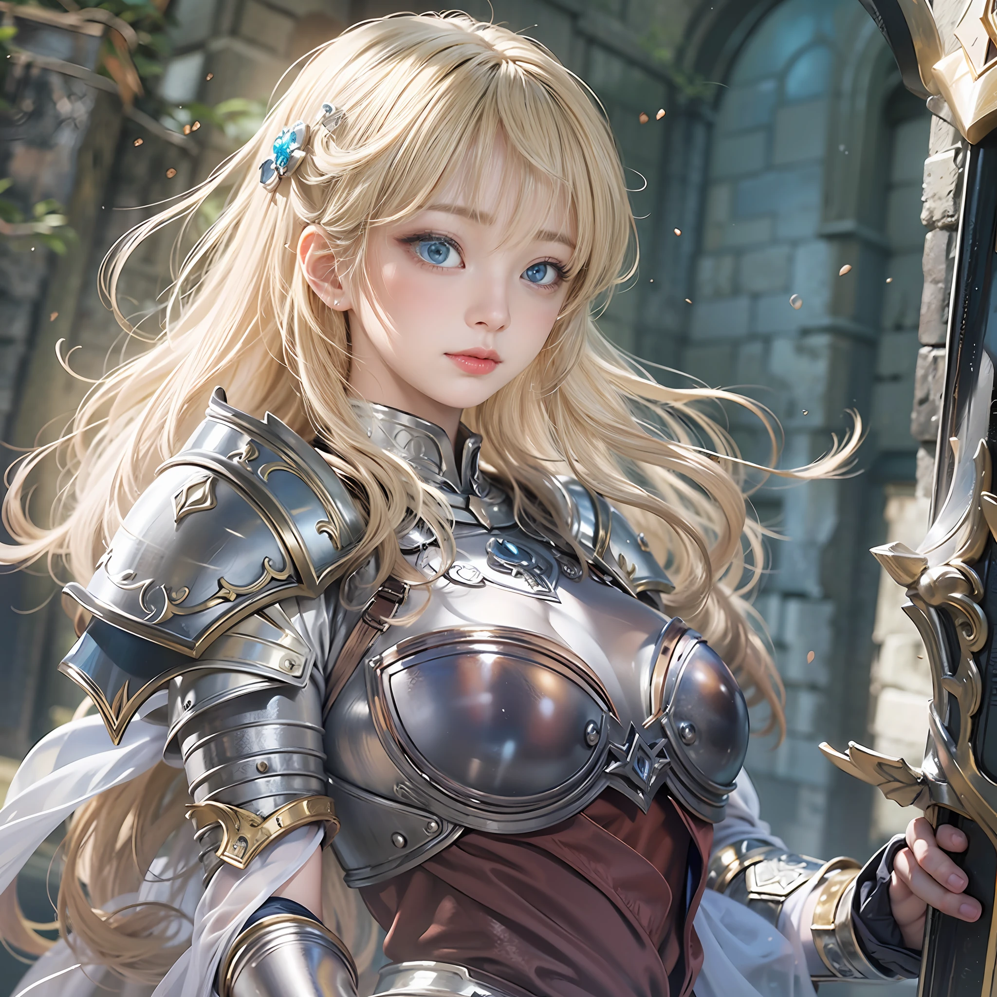 ​masterpiece, top-quality, One Young Woman Knight、Beautiful fece、Rin々Right、beautiful countenance、beautidful eyes、25-years old、Silver Half Plate and Dress Armor、Gorgeous blonde、long、Blue eyes、thoughtful、Hakuba、magical fantasy、in isekai、Medieval Europe、FULL BODYSHOT、Dynamic angles、