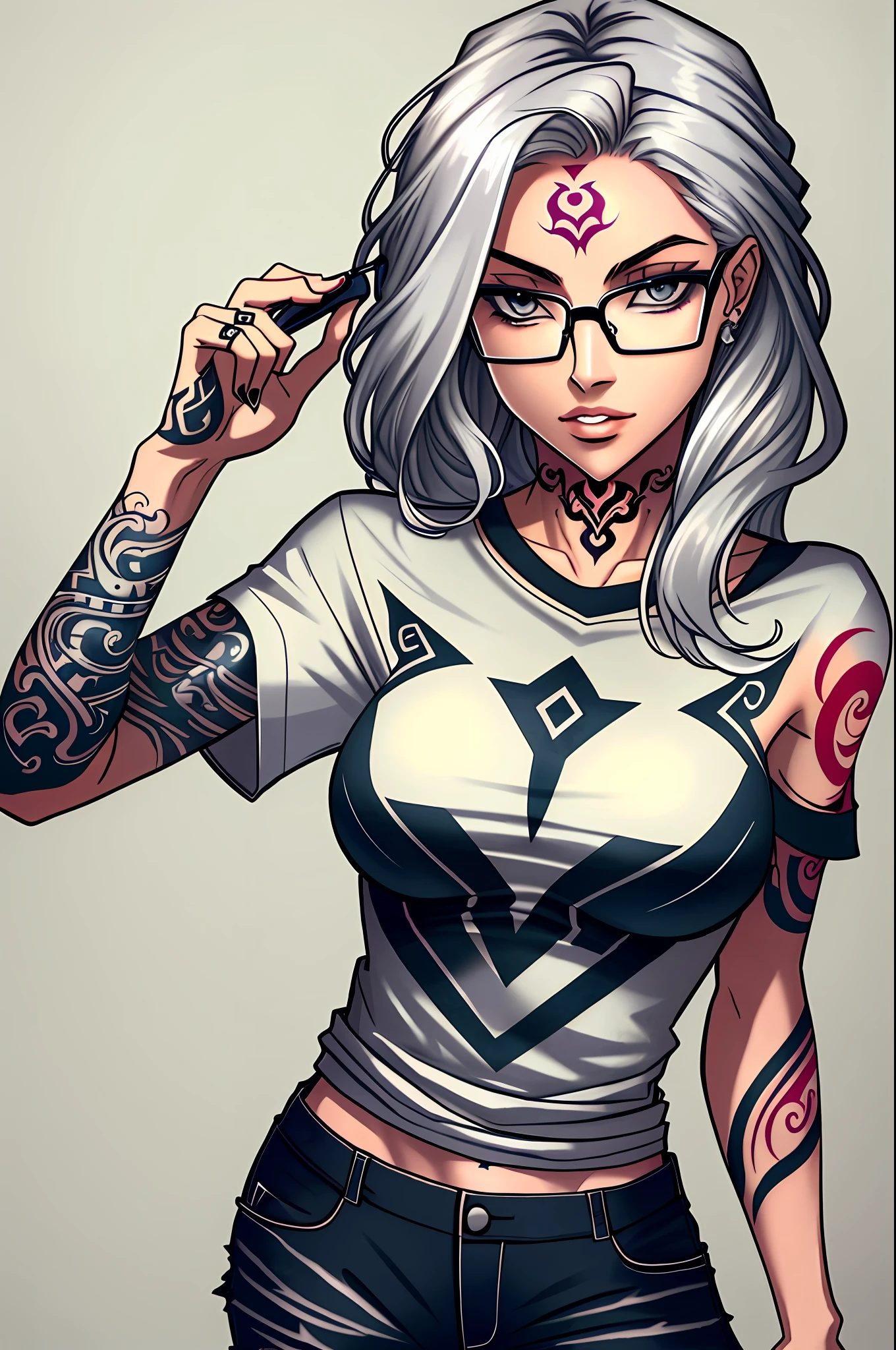 Female, silver hair, bandana on head, glasses for vision, medium breasts, (tattoo on hand:1.4), wearing a nerd t-shirt