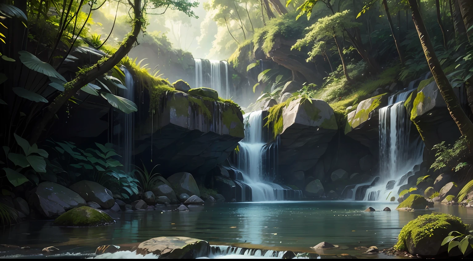 "Serene forest scene with a captivating small waterfall amidst lush foliage and glistening water."