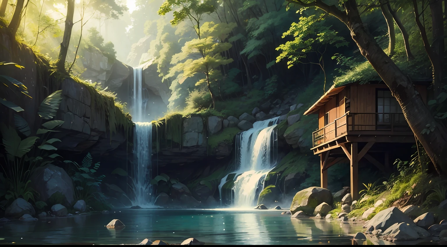 "Serene forest scene with a captivating small waterfall amidst lush foliage and glistening water."