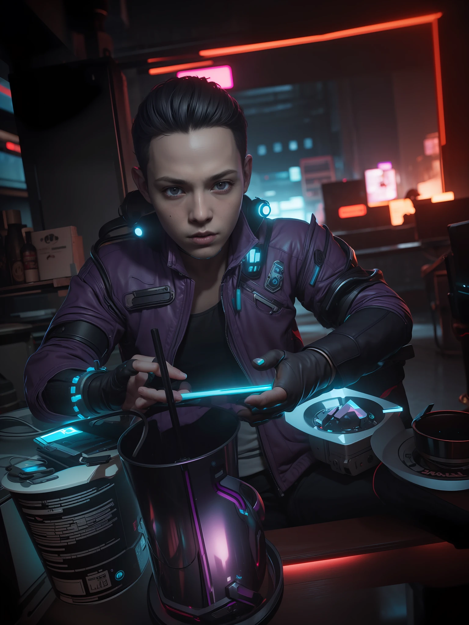 A boy cyberpunk, ultra UHD, ultra detailed, violet perple cinematic, highres, unreal engine 5 making