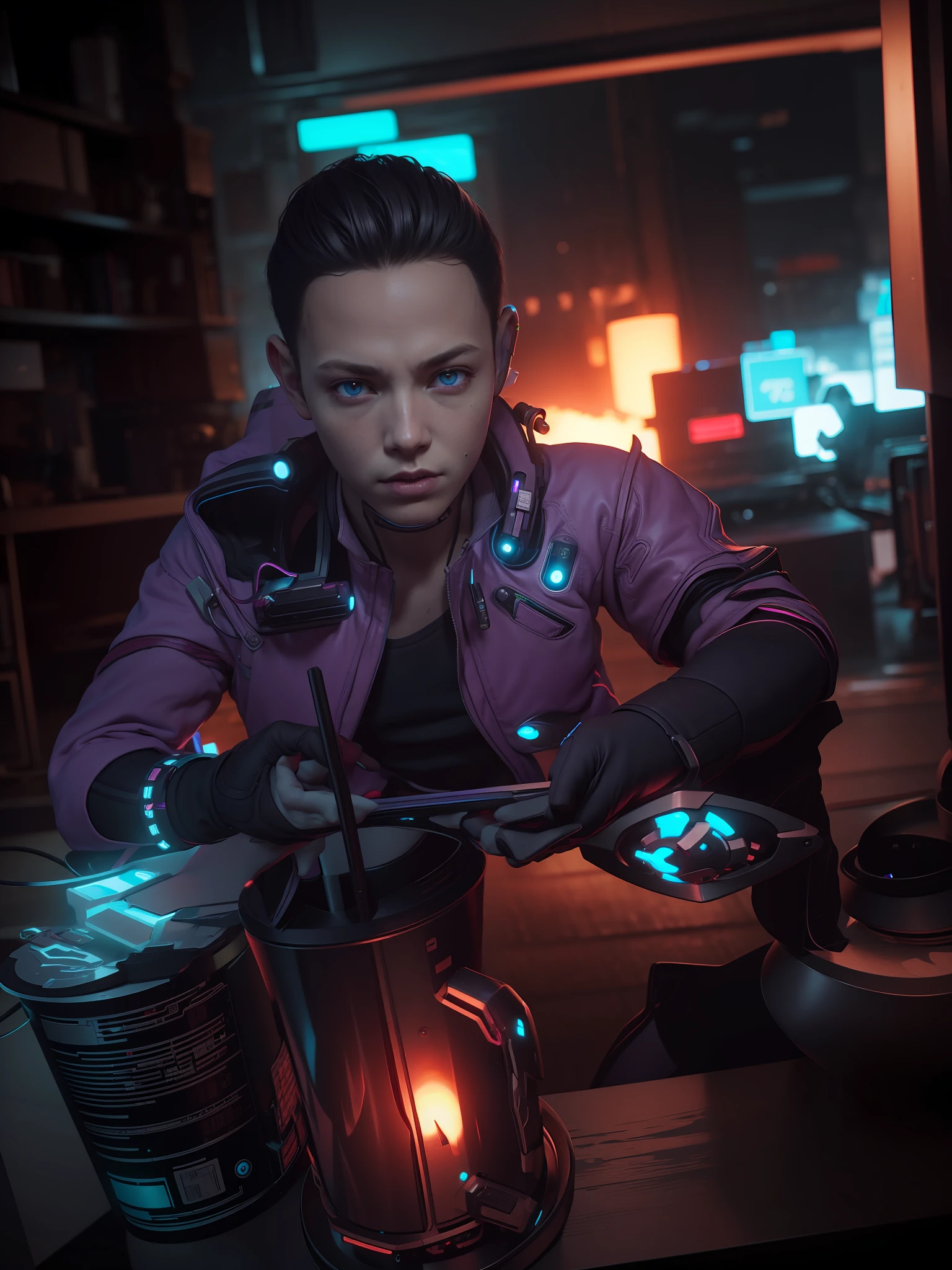 A boy cyberpunk, ultra UHD, ultra detailed, violet perple cinematic, highres, unreal engine 5 making