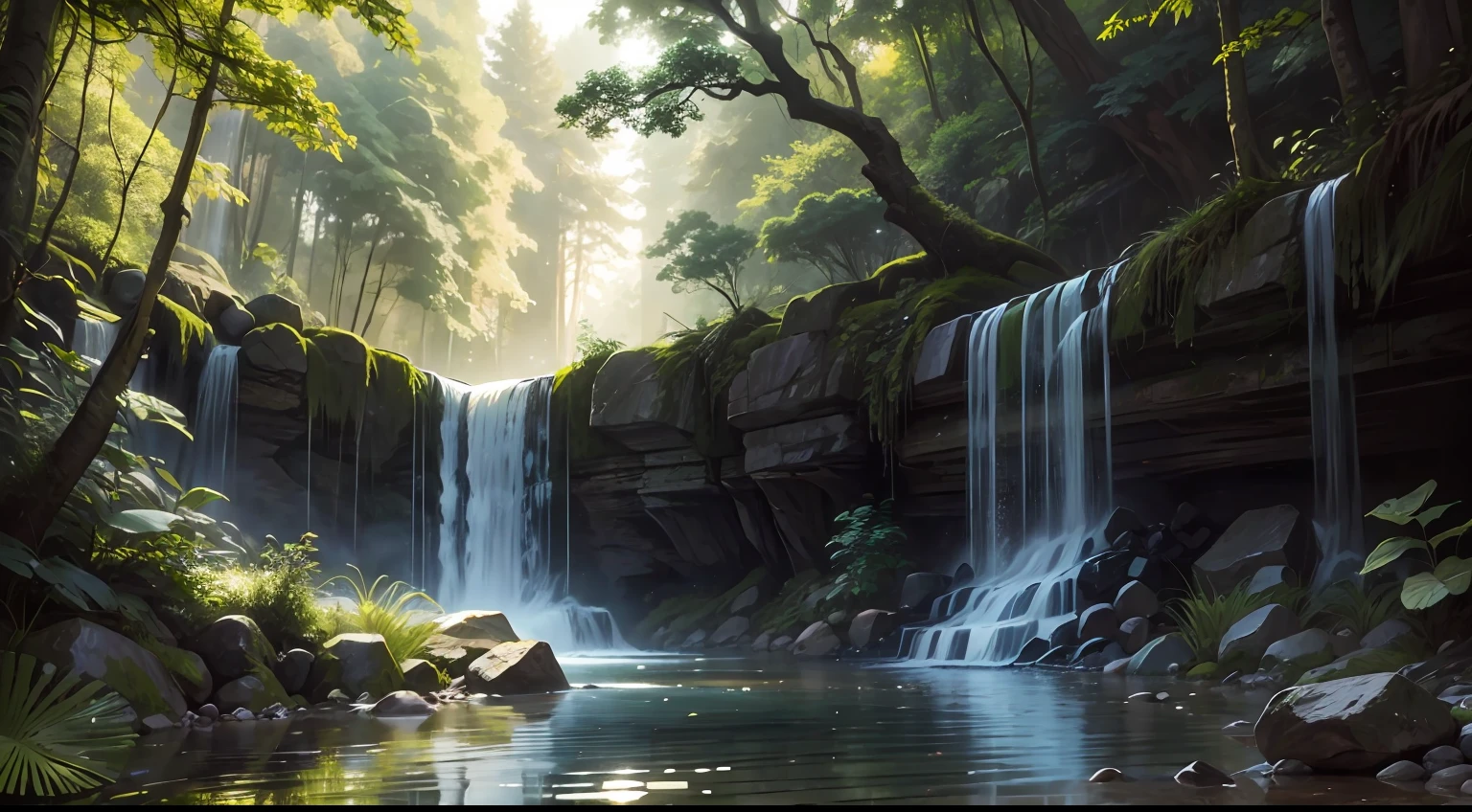 "Serene forest scene with a captivating small waterfall amidst lush foliage and glistening water."