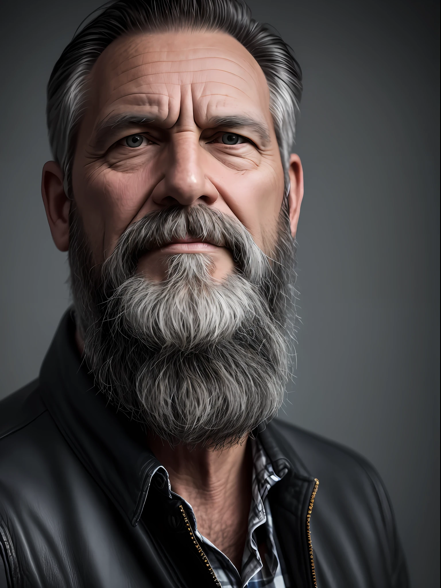 Portrait of a middle-aged man, face skin detalados, wrinkles of expressionbeard gray lumberjack style, raw leather jacket, plaid shirt, stiff countenance. Ultra detailed scene, dslr camera with 50mm Lens, soft studio lighting