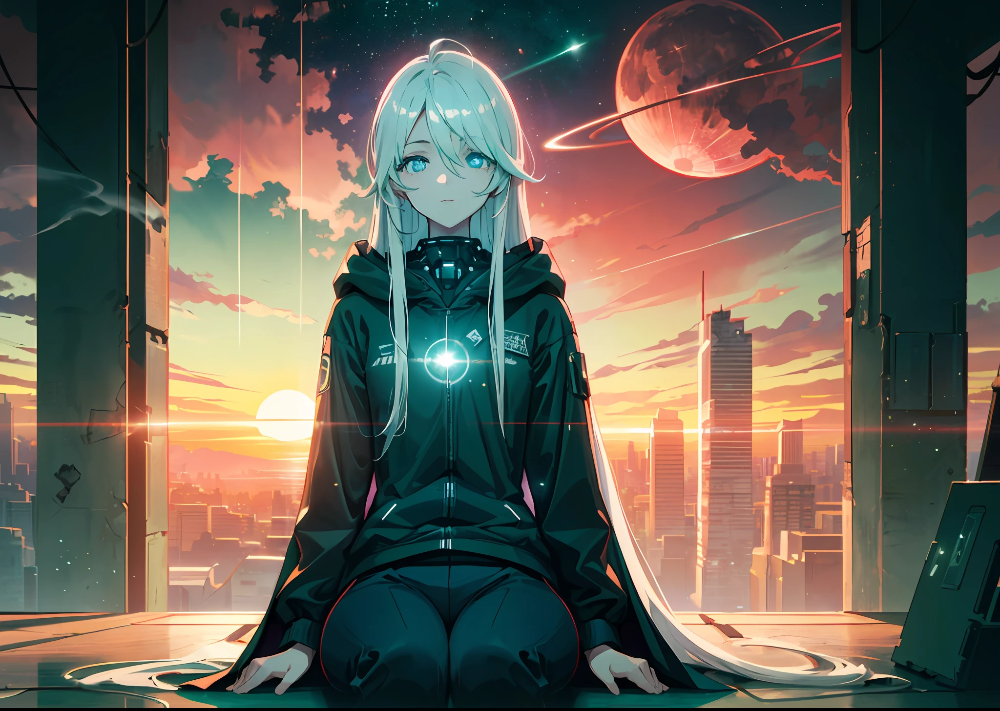 Smoke, (war:1.5), postapocalypse, ((Planets in the sky, stars in thr sky)), ((Dark green sunset:1.3)), (Green sky:1.2), green light, The ruined backdrop of the city, ((spaceship in the sky)), science-fiction, (shapely body: 1.4), a 1girl, sitting on the rubble of a building, (Long white hair:1.4), (blue eyes:1.2), (Detailed eyes and face:1.5), Black pants, black big sweatshirt, hood, (Cyberpunk clothes), (clothes in black and white colors), black cloak, city   of the future, (calm face:1.3), Destroyed skyscrapers, Wire, HDR (High Dynamic Range), ray traced, NVIDIA RTX, Over-resolution, Unreal 5, sub-surface Scattering, текстурирование PBR, postprocessed, Anisotropic filtering, Depth of field, Maximum clarity and sharpness, Multi-layer Textures, Albedo and specular maps, Surface shading,  Accurate Light-Material Interaction Simulation, Octane rendering, duotone lighting, Low ISO, White balance, the rule of thirds, Wide aperture, 8K RAW, efficient sub-pixel, sub-pixel convolution, (luminescent particles: 1.4), {{tmasterpiece, beste-Qualit, extremely detailed CGI, Unity 8k壁纸, 3d, 电影灯光, lens flares}},