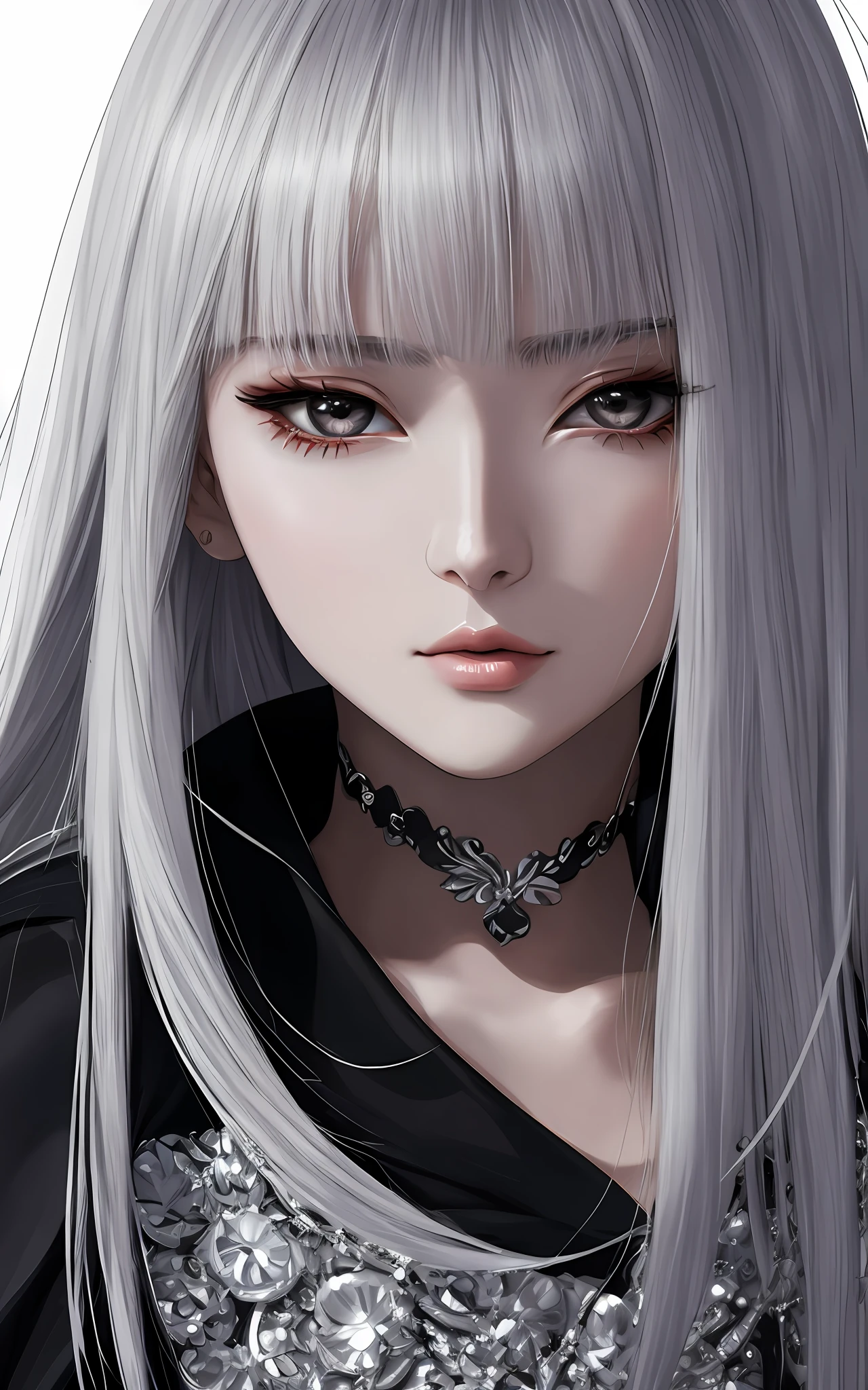 anime styled、Beautiful woman like a fashion model、a closeup、portlate、Beautiful, Moisturized black eyes、Beautiful silver hair without hair ornaments, hight resolution, top-quality, masterpiece, 8k wallpaper、 One Person、