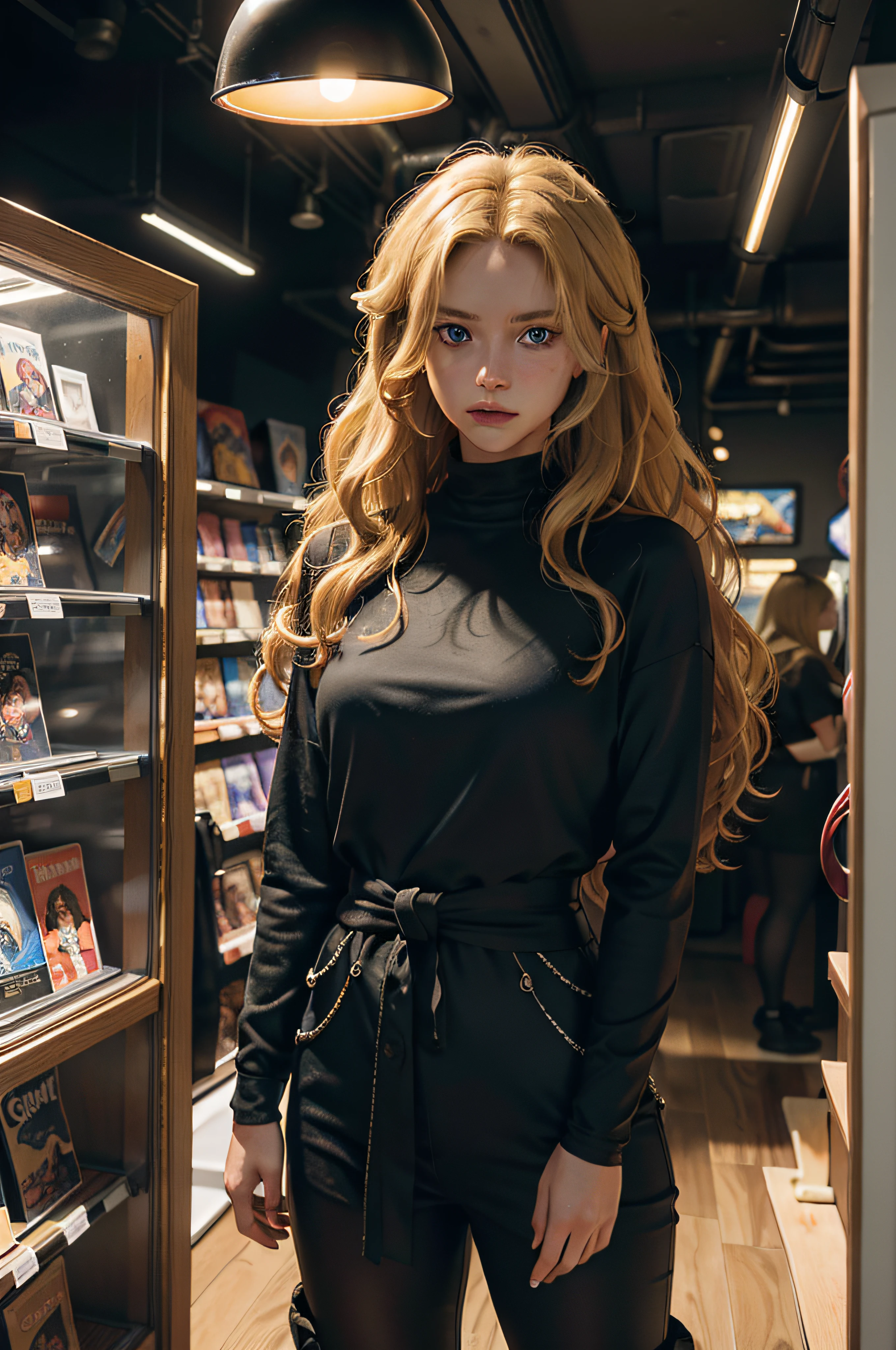 Best quality, photorealistic masterpiece: a raw photo of a girl with waist-length curly blonde hair and blue eyes standing inside a video game store. The lighting casts deep shadows, creating a dark and moody atmosphere.