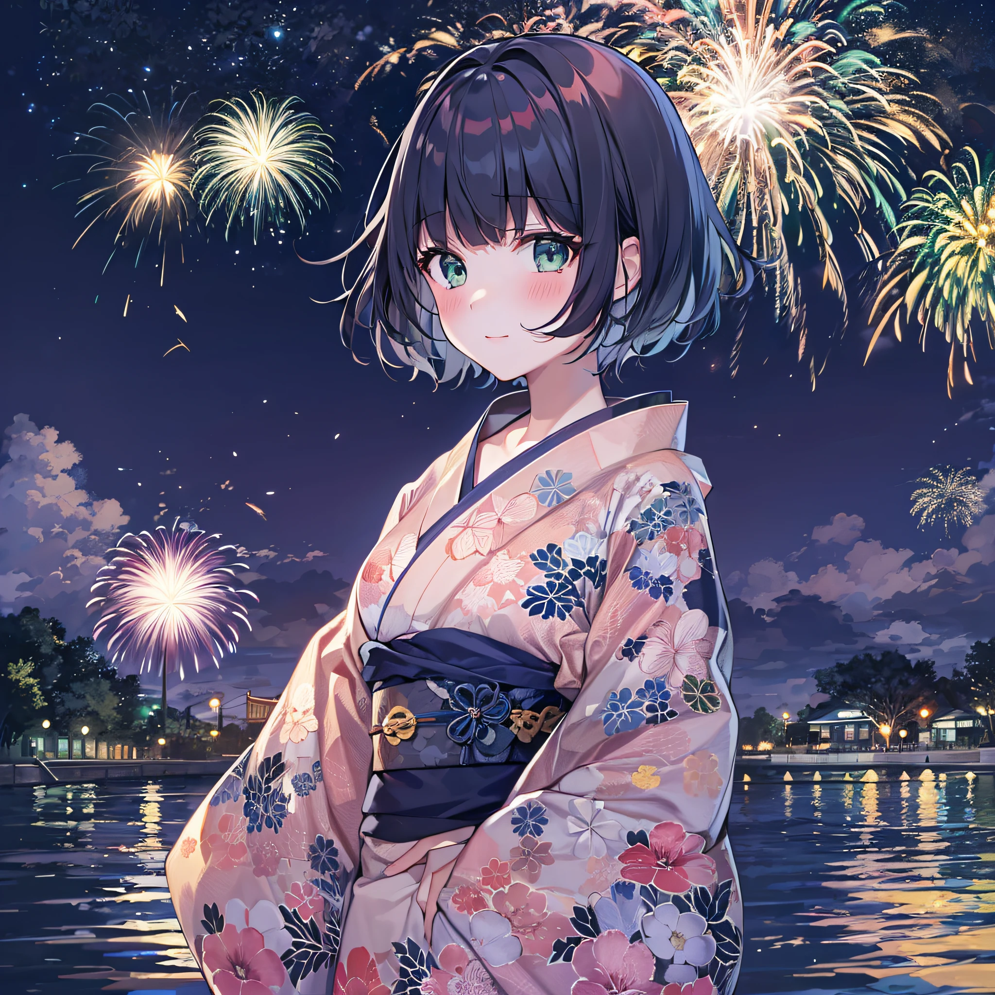 1girl,navy blue bob hair,navy green eyes,cute,blush,night,river side,firework display,kimono skirt,girlfrend,medium breast