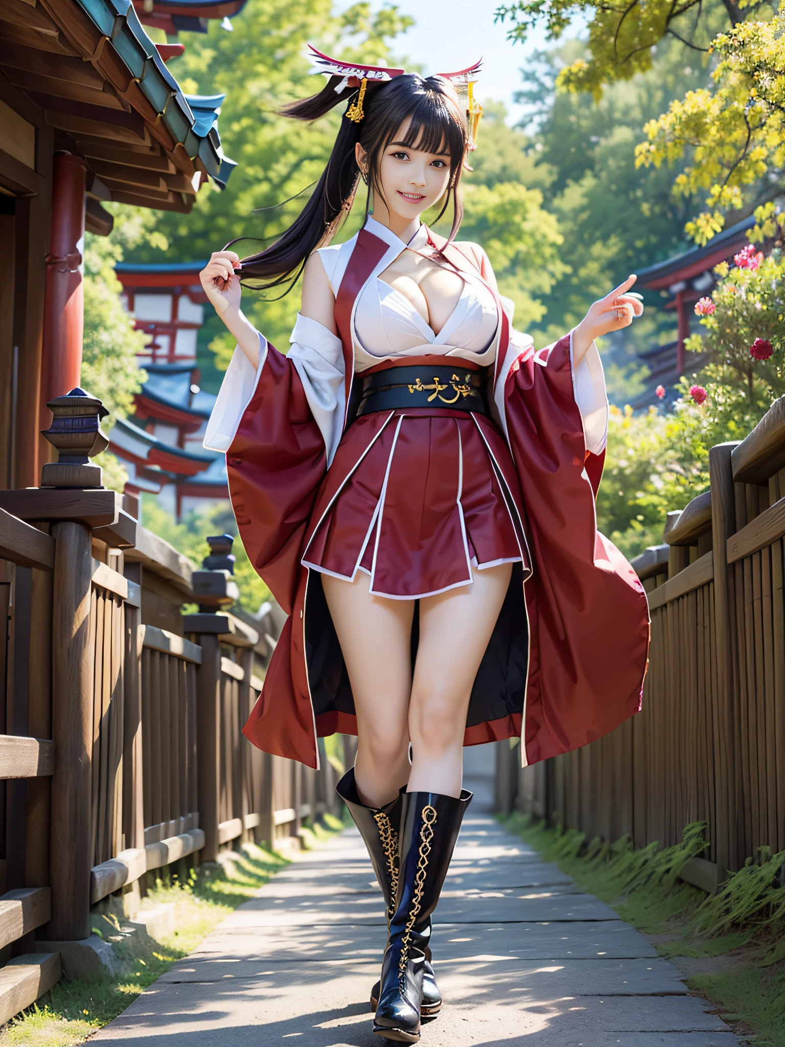 (masutepiece, top-quality:1.32), (Ultra High Quality, 超A high resolution: 1.3), (CG Unity 8k wallpapers:1.2), (Detailed eyes and skin:1.35), (detailed facial features:1.25), (Detailed eyes:1.36), precise and perfect human body structure, (Textured skin: 1.26), (Realistic, photographrealistic: 1.27),
award - winning photo, Depth of Picture, Shading by sunlight、
Tsurime、smirking mischievously、cleavage of the breast、Colossal tits、Attractive thighs、juicy thighs、
(side poneyTail:1.4)、dark red hair、thick bangs,
((shrine maiden clothe:1.2)), skirt by the、long boots、
a wizard、Sorcerer、 Fantasia、Pillar of fire、Fireball、
