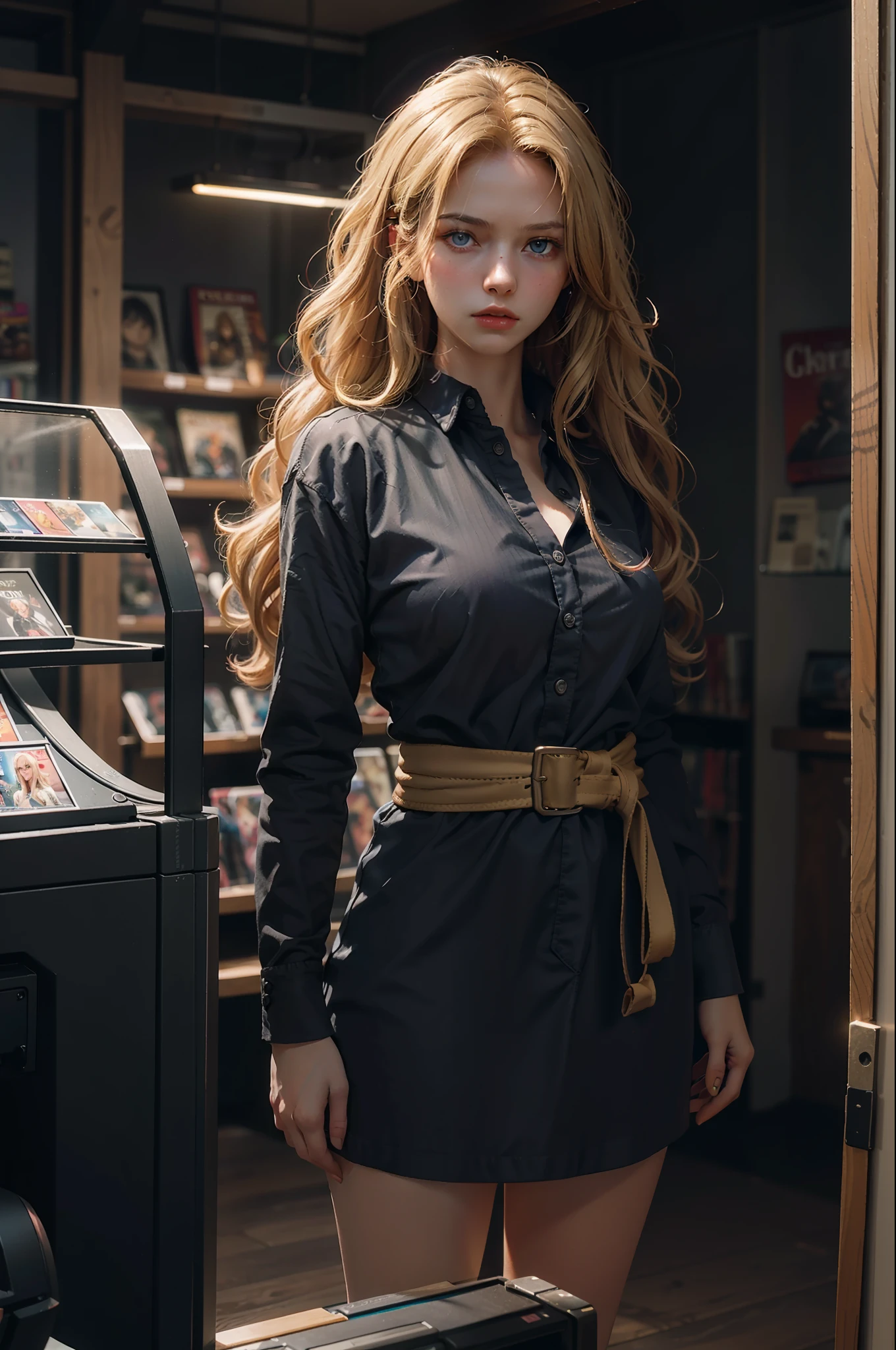 Best quality, photorealistic masterpiece: a raw photo of a girl with waist-length curly blonde hair and blue eyes standing inside a video game store. The lighting casts deep shadows, creating a dark and moody atmosphere.