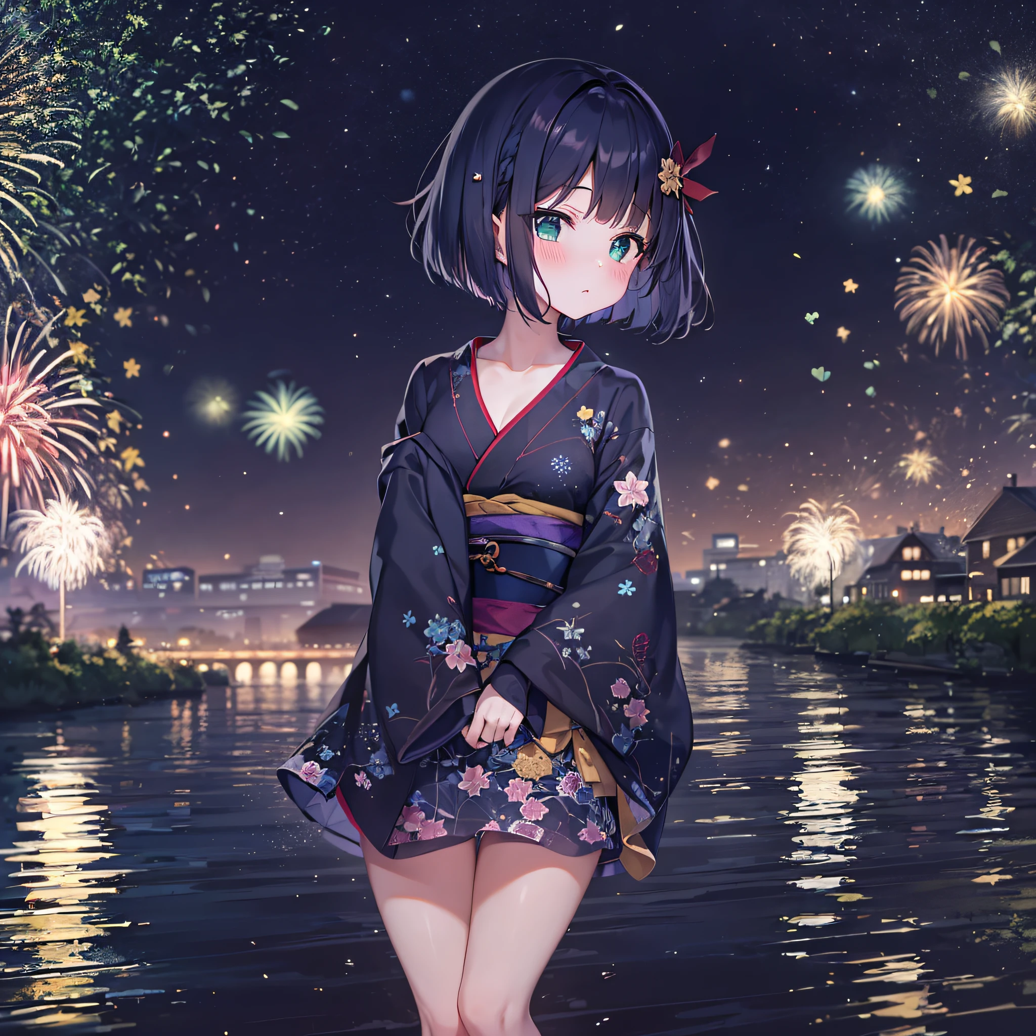 1girl,navy blue bob hair,navy green eyes,cute,blush,night,river side,firework display,kimono skirt,girlfrend,medium breast