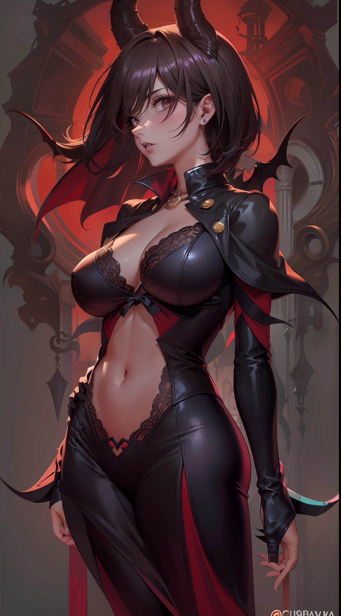 1 menina, succubus, Castlevania, (((cabelo curto))), (((short hair)))), cabelo vermelho, ruiva, asas de morcego, asas grandes, grandes asas de morcego Castlevania, 30 anos, espartilho preto, look of malice, olhar sensual, corpo exposto, mostrando o corpo, de costas, lingerie sensual, dinamic angle, (((from behind))) 30 anos, bumbum bonito,