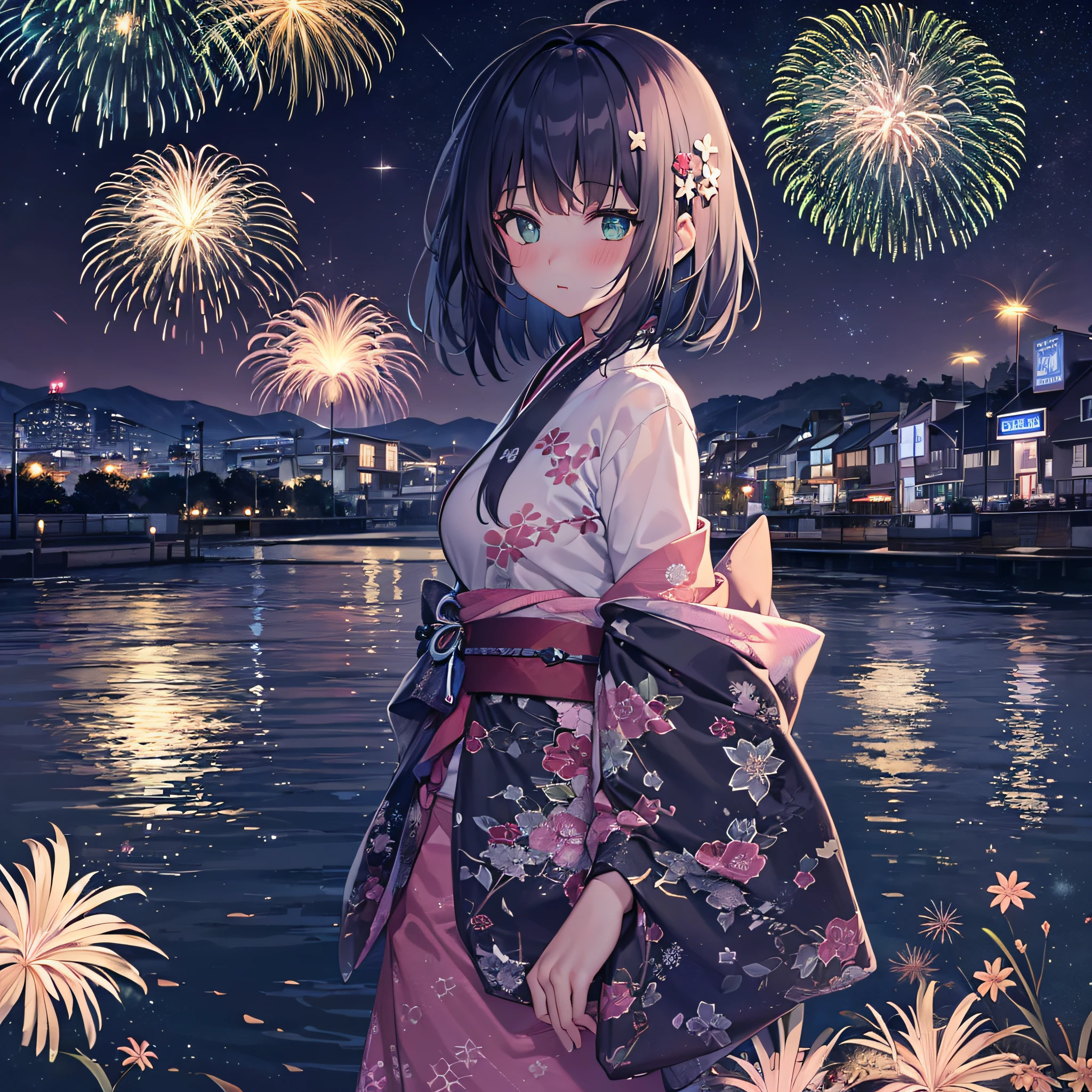 1girl,navy blue bob hair,navy green eyes,cute,blush,night,river side,firework display,kimono skirt,girlfrend,medium breast
