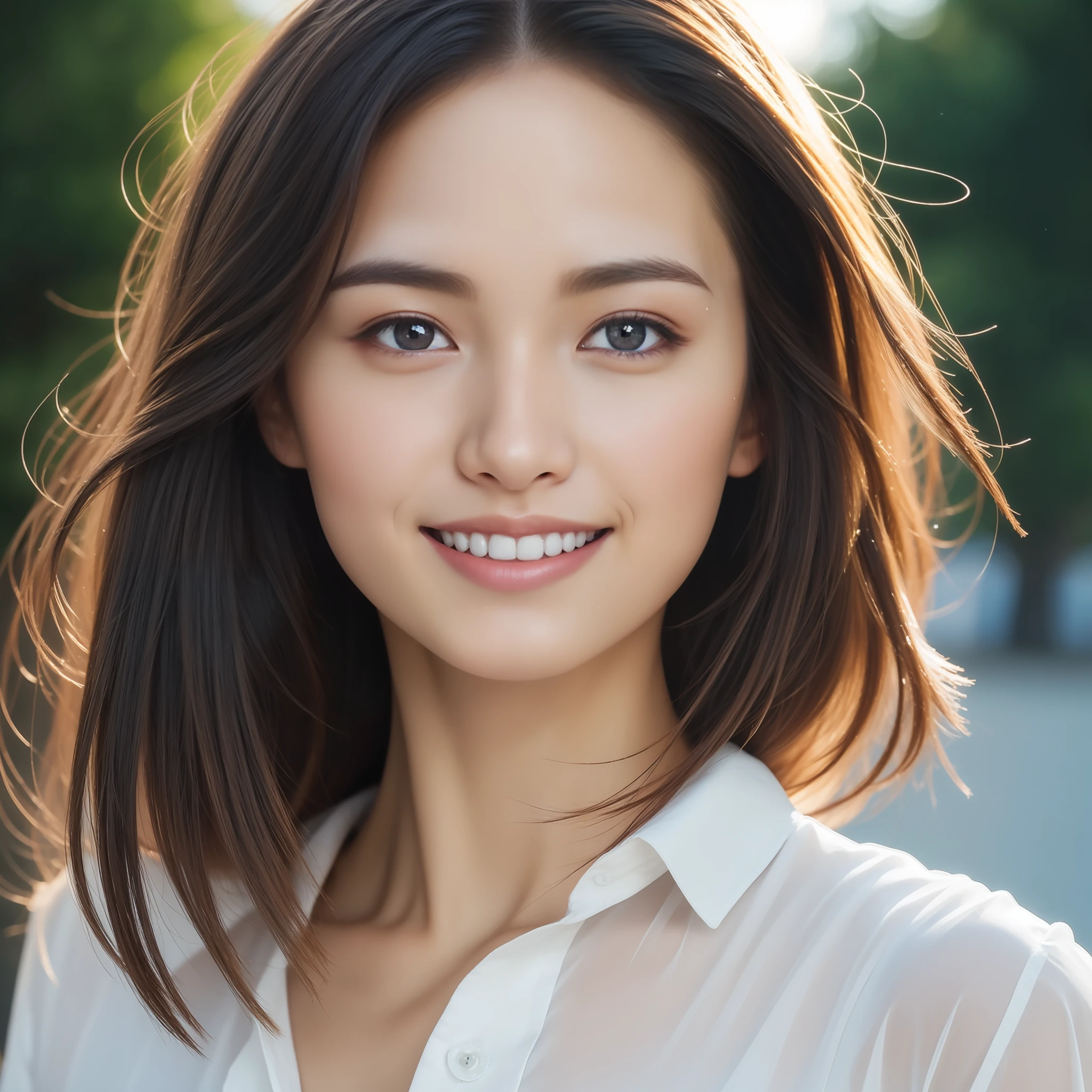 ((Best Quality, 8K, Masterpiece: 1.3)), Sharp Focus: 1.2, A Beautiful Woman with Perfect Figure: 1.4, Slim Abs: 1.2, (Layered Hairstyle,: 1.2)), (Wet White Button Long Shirt: 1.3), Rain: 1.3, Street: 1.2, Wet Body: 1.1, Highly Detailed Face and Skin Texture, Detailed Eyes, Double Eyelids, Big Breasts, Smile,