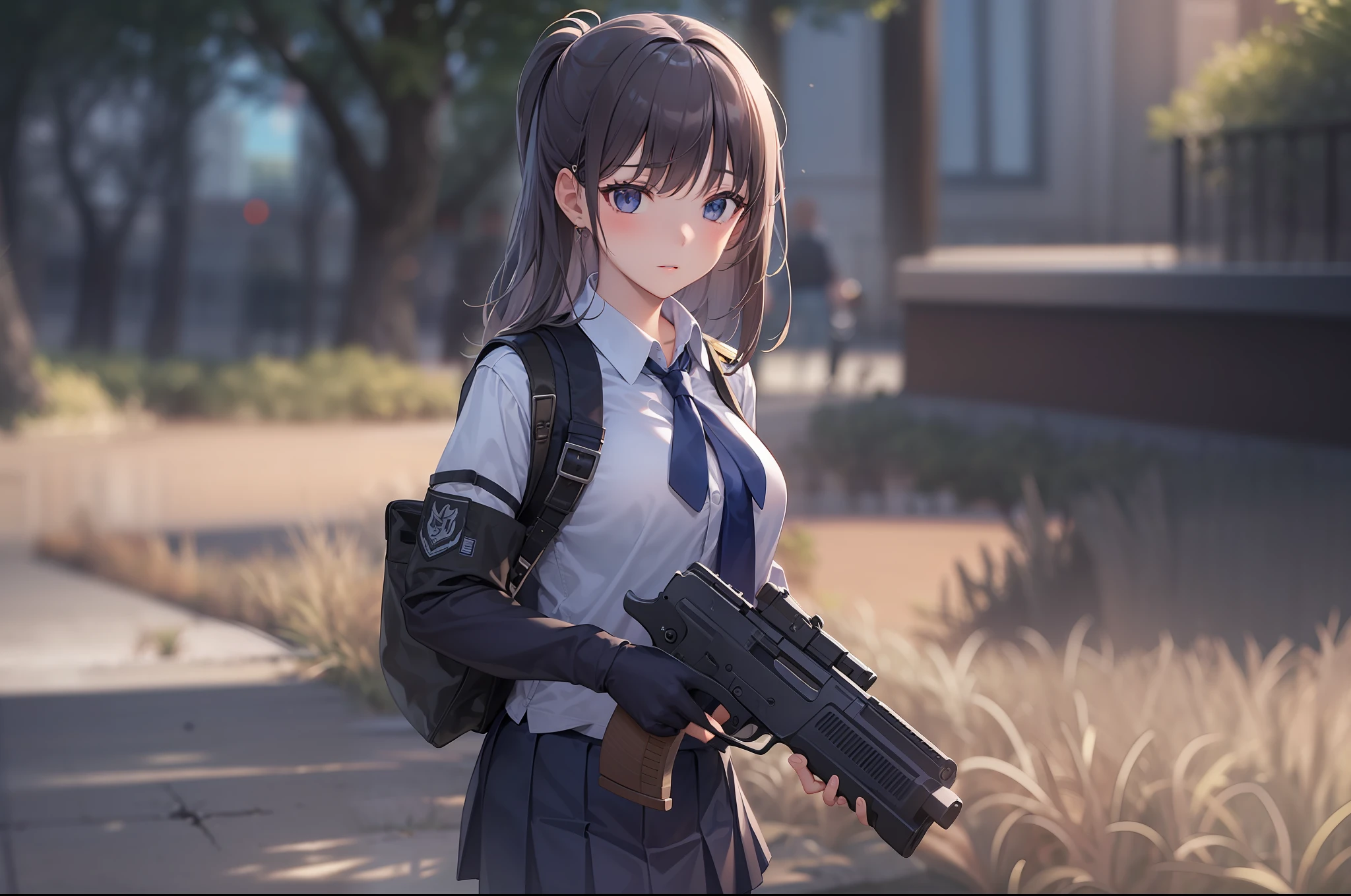 1 girl, handgun, in the park, high school uniform, special operations, cinematic action, searching enemy