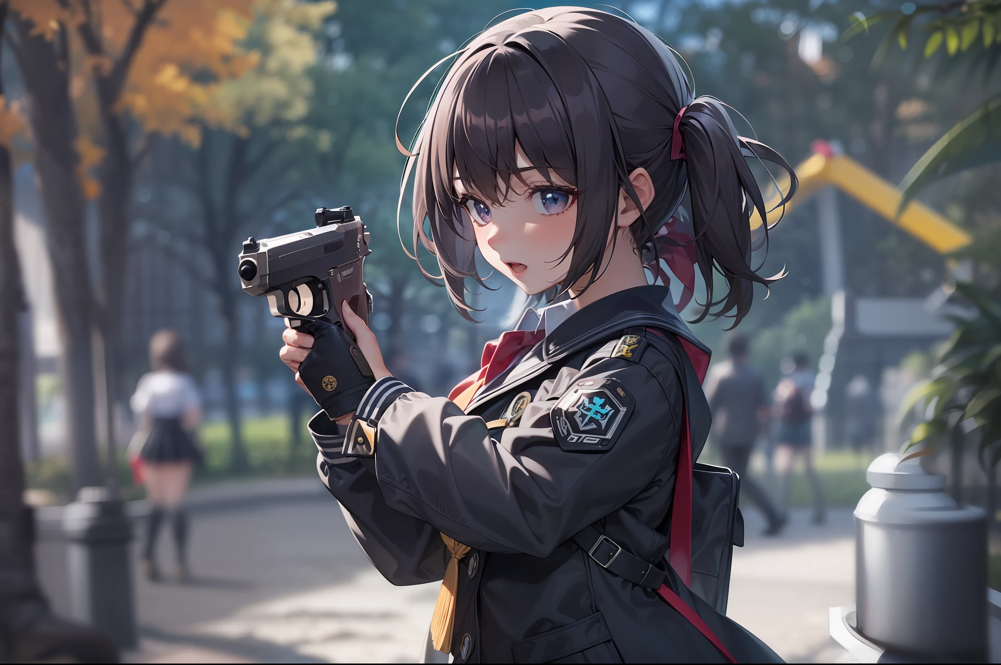 1 girl, handgun, in the park, high school uniform, special operations, cinematic action, searching enemy