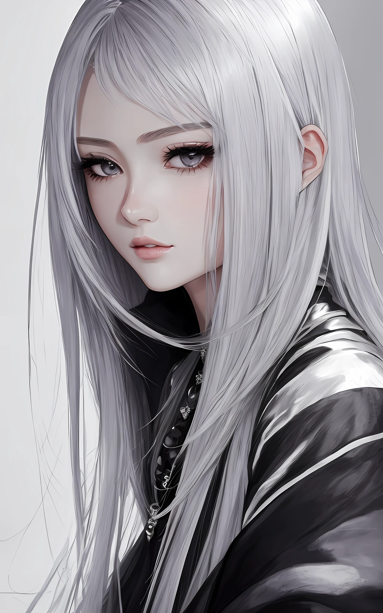 anime styled、Beautiful woman like a fashion model、a closeup、portlate、Beautiful, Moisturized black eyes、Beautiful silver hair without hair ornaments, hight resolution, top-quality, masterpiece, 8k wallpaper、 One Person、