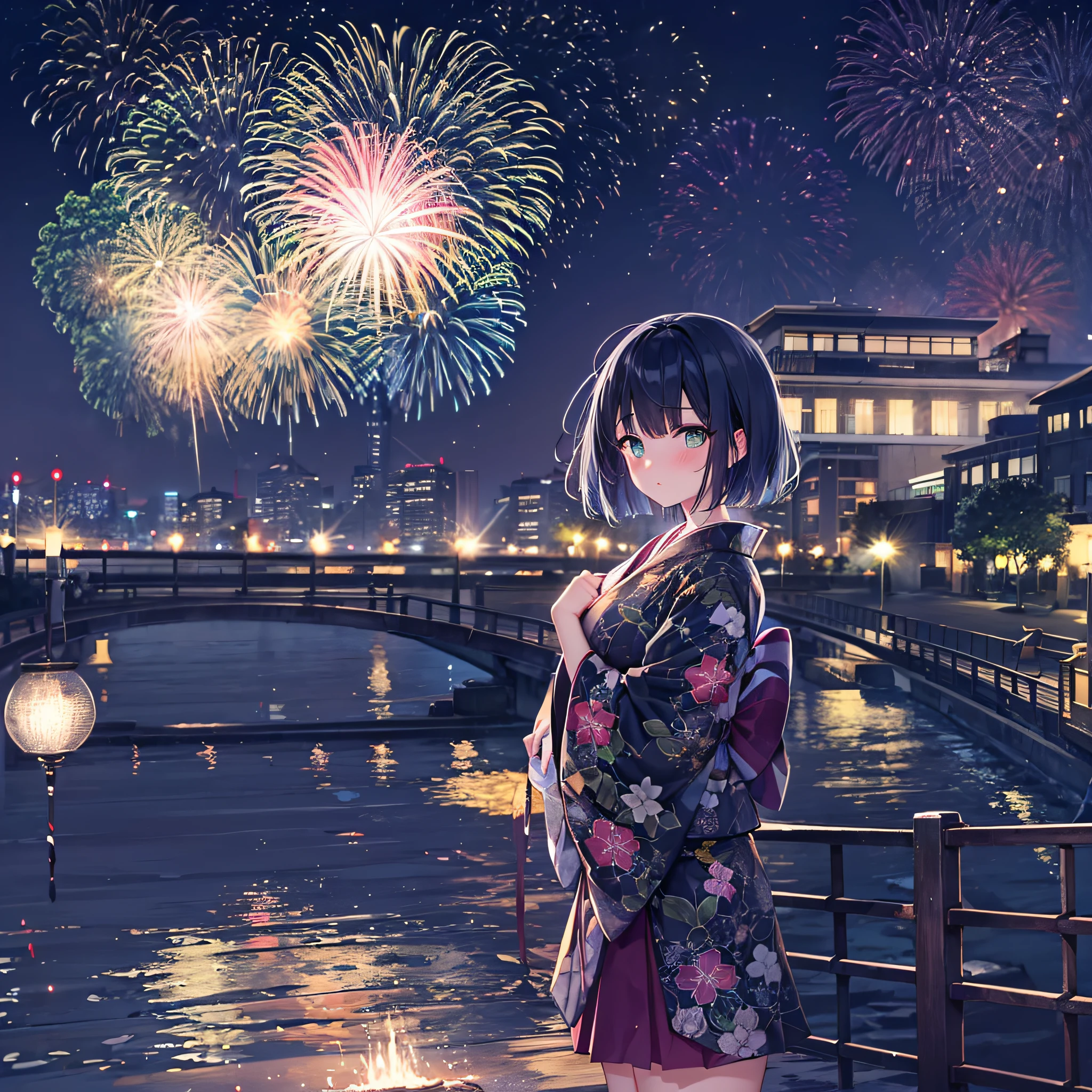 1girl,navy blue bob hair,navy green eyes,cute,blush,night,river side,firework display,kimono skirt,girlfrend,medium breast