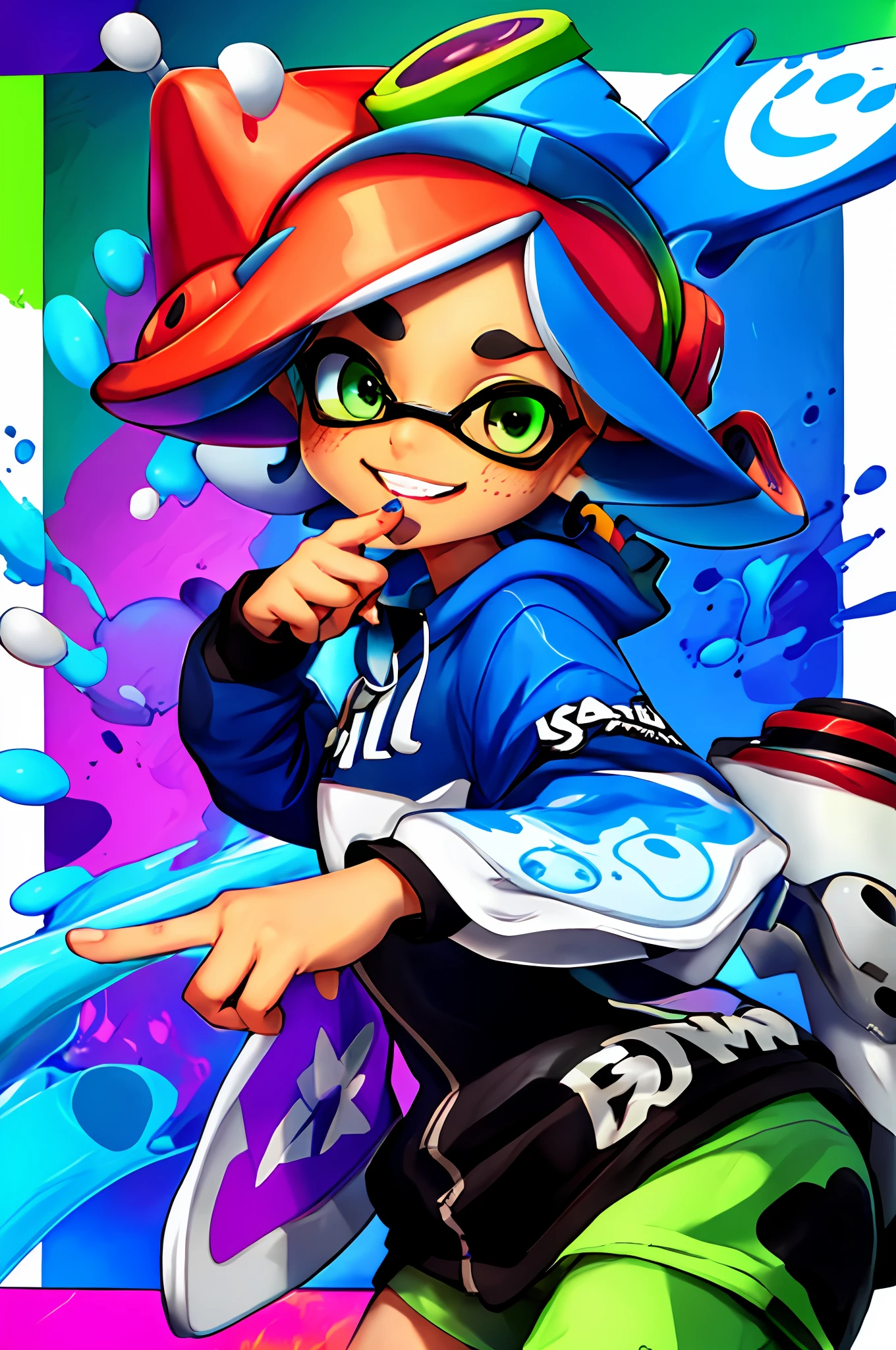 Close-up of cartoon character wearing hat and glasses, with splatoon style, Splatoon 3, Splatoon, Portrait of the Wizard of Squid, high quality fan art, high quality portrait, danbooru and artstation, hq artwork, video game fanart, Painted in high resolution, vibrant fan art, high detailed official artwork, Official art, 8k high quality detailed art