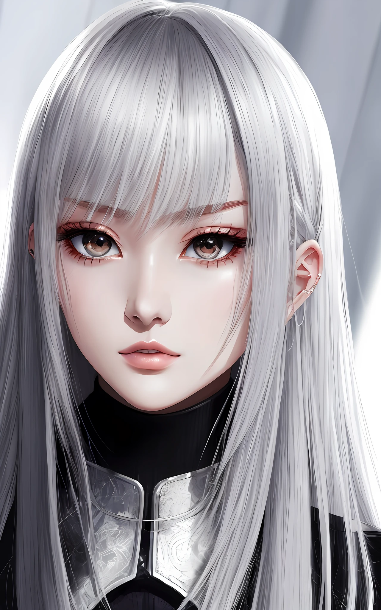 anime styled、Beautiful woman like a fashion model、a closeup、portlate、Beautiful, Moisturized black eyes、Beautiful silver hair without hair ornaments, hight resolution, top-quality, masterpiece, 8k wallpaper、 One Person、