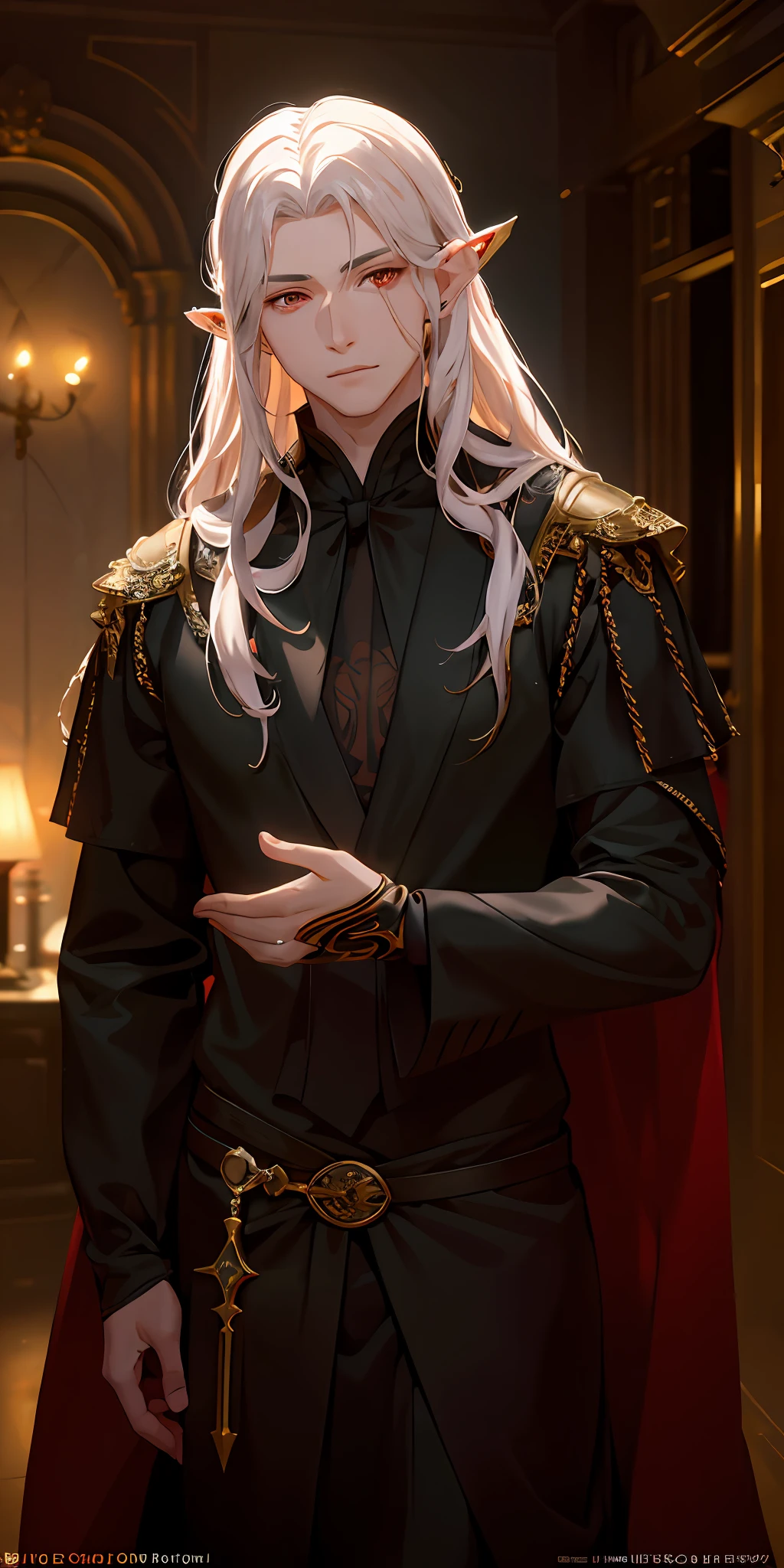 male people,Red eyes,Black and gold robe,Asian people,Red long-haired
