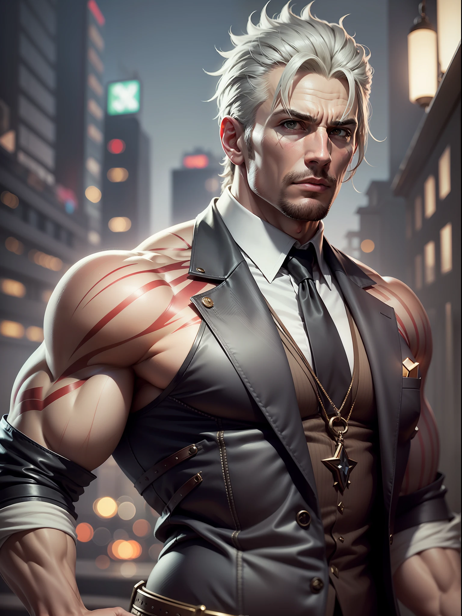 Create a realistic and muscular Kefka character, mafia gangster in Unreal Engine. Pay close attention to detail, To achieve a realistic view. Harness the power of Unreal Engine, To reveal the physical form of the character, including well-defined muscles and intricate textures for a realistic look. Be sure to focus on realistic proportions, textures, and lighting to enhance the sense of realism.