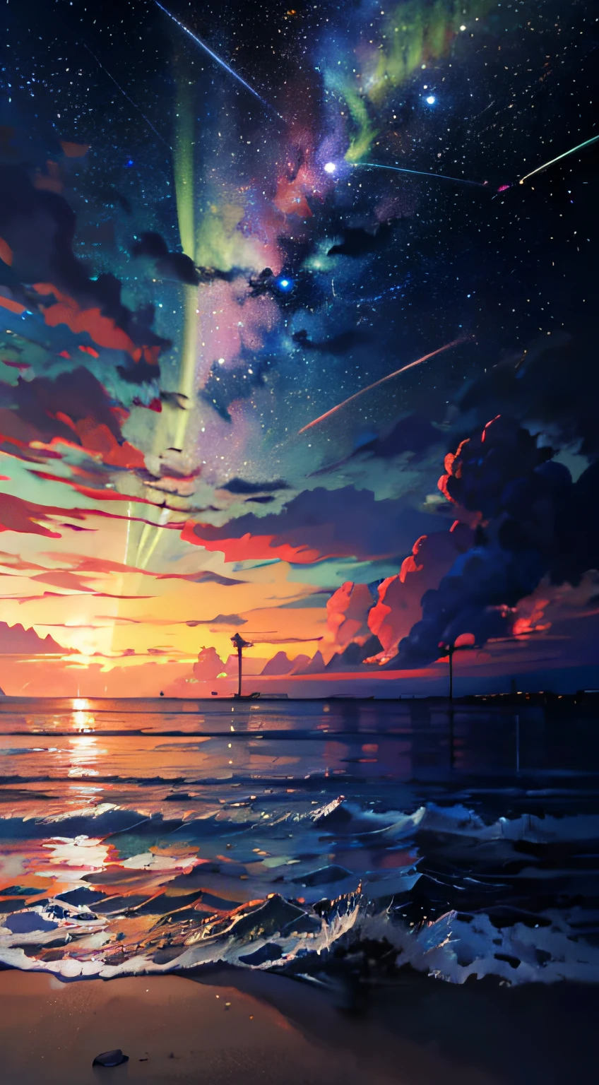 (zoom:1.1), (meteor shower:1.2), (comet:1.1), low angle, arora borealis, shooting star, top quality, masterpiece, clouds, colorful, southeast Asian beach, summer, seascape, small islands