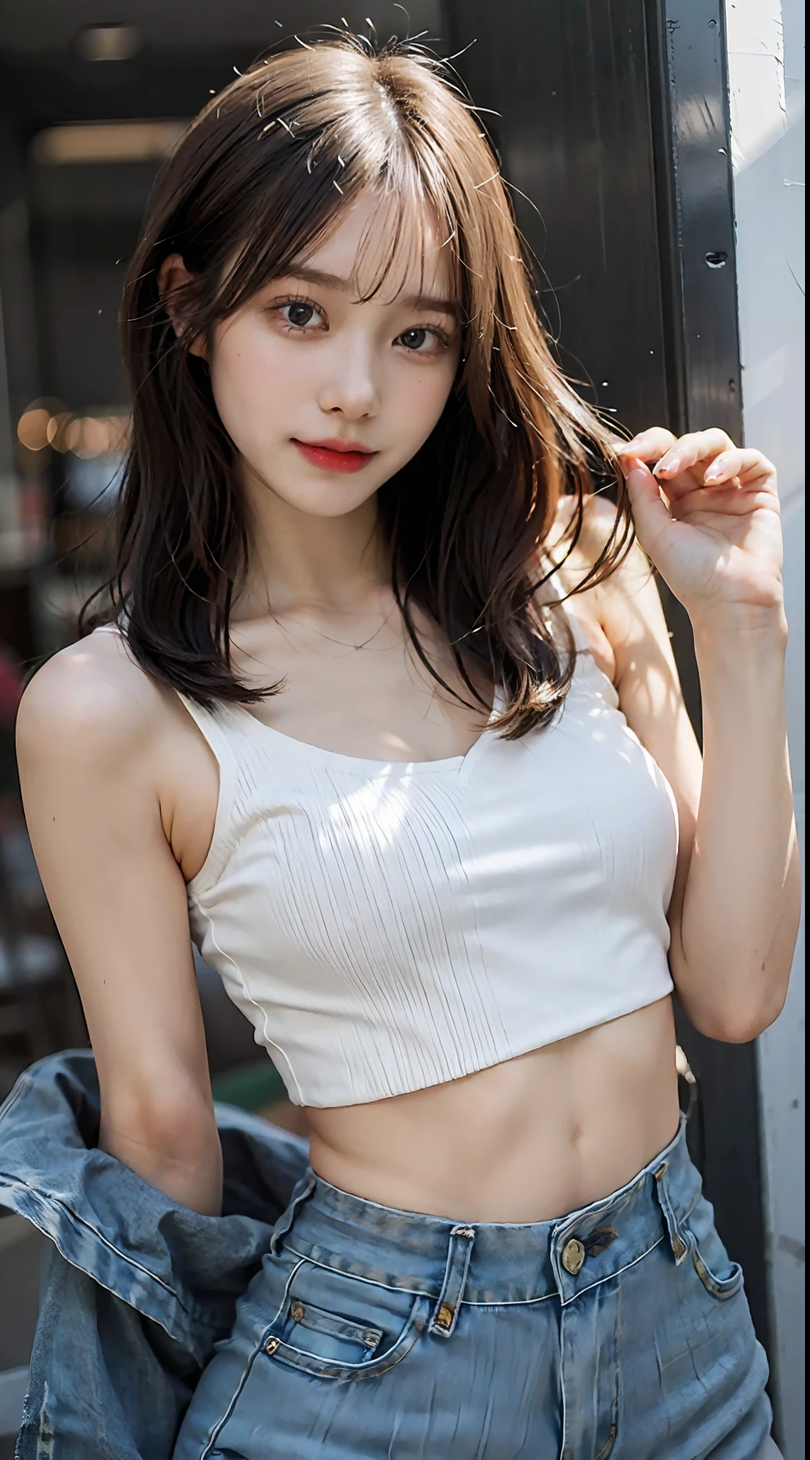 Girl in thin low cut camisole and tight denim shorts posing for photo、full bodyesbian、cropped t-shirt、bra very、Slim body、a large bust、Slim girl model、24歳の女性モデル、Beautiful body　Facing the front　Navel out　showing the lower abdomen　Too torn denim shorts　Shabby denim shorts　Thigh exposure　Shabby camisole　Too short camisole