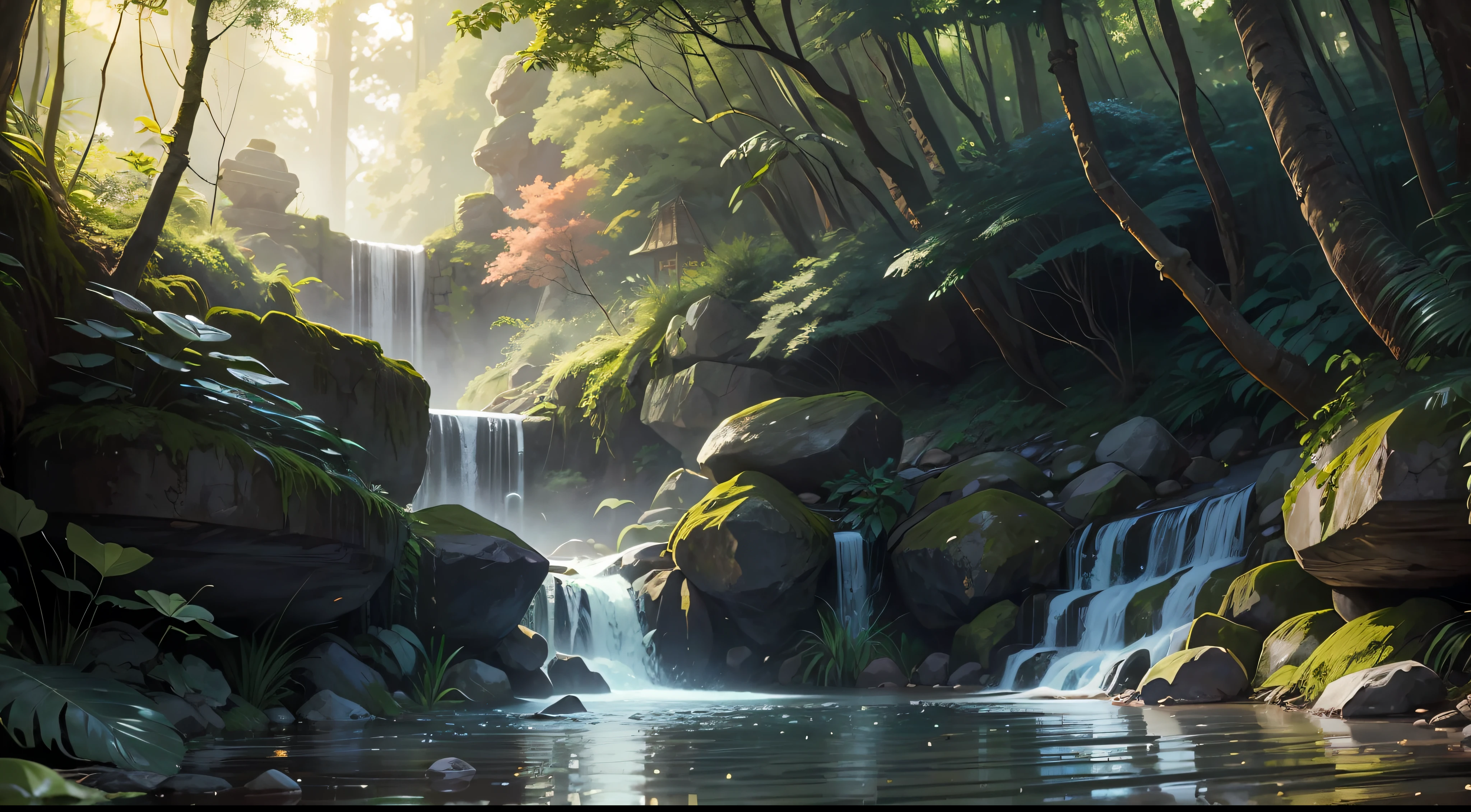 "Serene forest scene with a captivating small waterfall amidst lush foliage and glistening water."