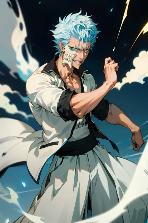 masterpiece, best quality, 1boy, grimmjow jaegerjaquez, at night, night, low light, natural light, fighting pose, white pants,  ...