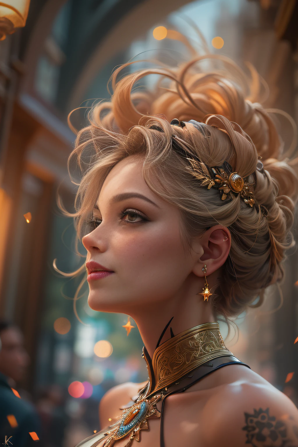 Ultra photo realsisim, Ultra-detailed photo of a woman, Smiling, golden jewelery, Shiny, sunlight fractal details, Depth of field, HOF, hall of fame, Detailed gorgeous face, apocalyptic environment, natural body posture, Profesional photogarpher, captured with a professional DSLR camera, trending on artstationh, 64k, Ultra detailed, ultra-precise detail, bokeh lighting, surrealism, Thomas Kinkade background, urban, ultra unreal engine, Phlegm sputum, phlegm, Pauline Voß, Pascal Quidault, , Christian Schob, Martina Fackova, Intricate, Epic, freckle, peach fuzz, detailed mascara