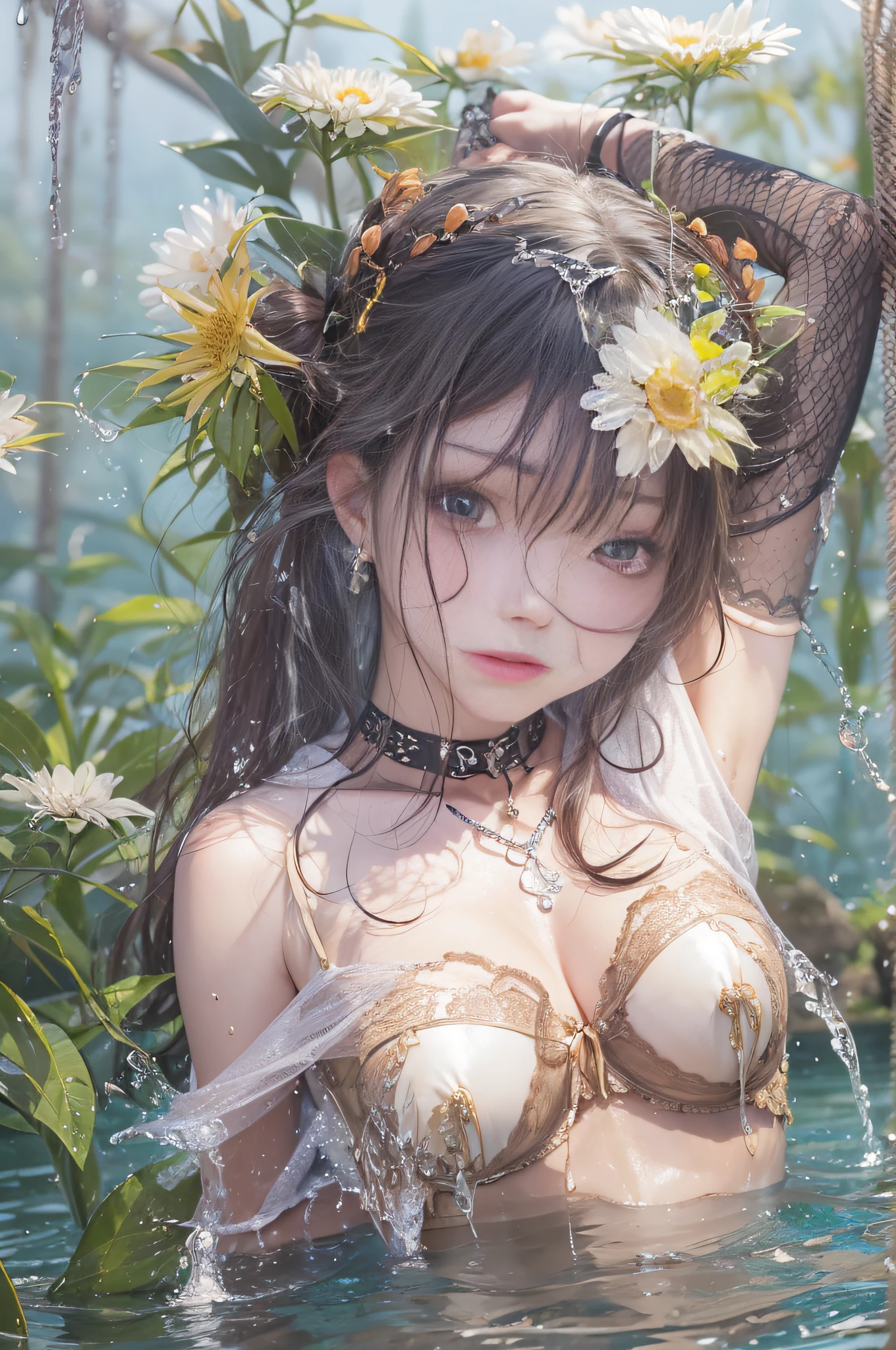 Beautiful girl struck by water in a waterhole、Sheer underwear that sticks to the skin、
