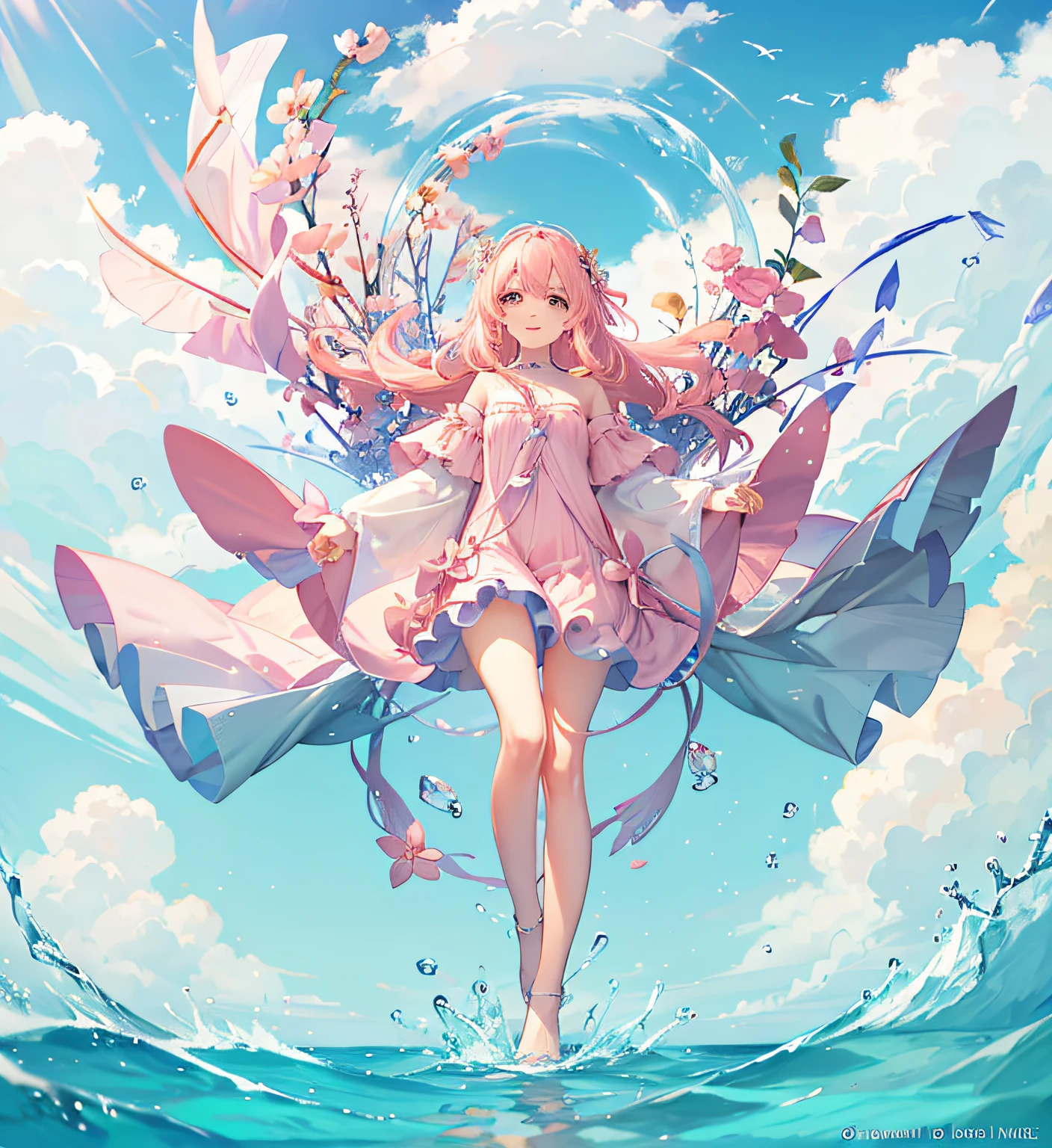 Promotional image,Light pink,A small number of flowers,the ocean,Leave the middle blank,dream magical,high-class,Background with --auto
